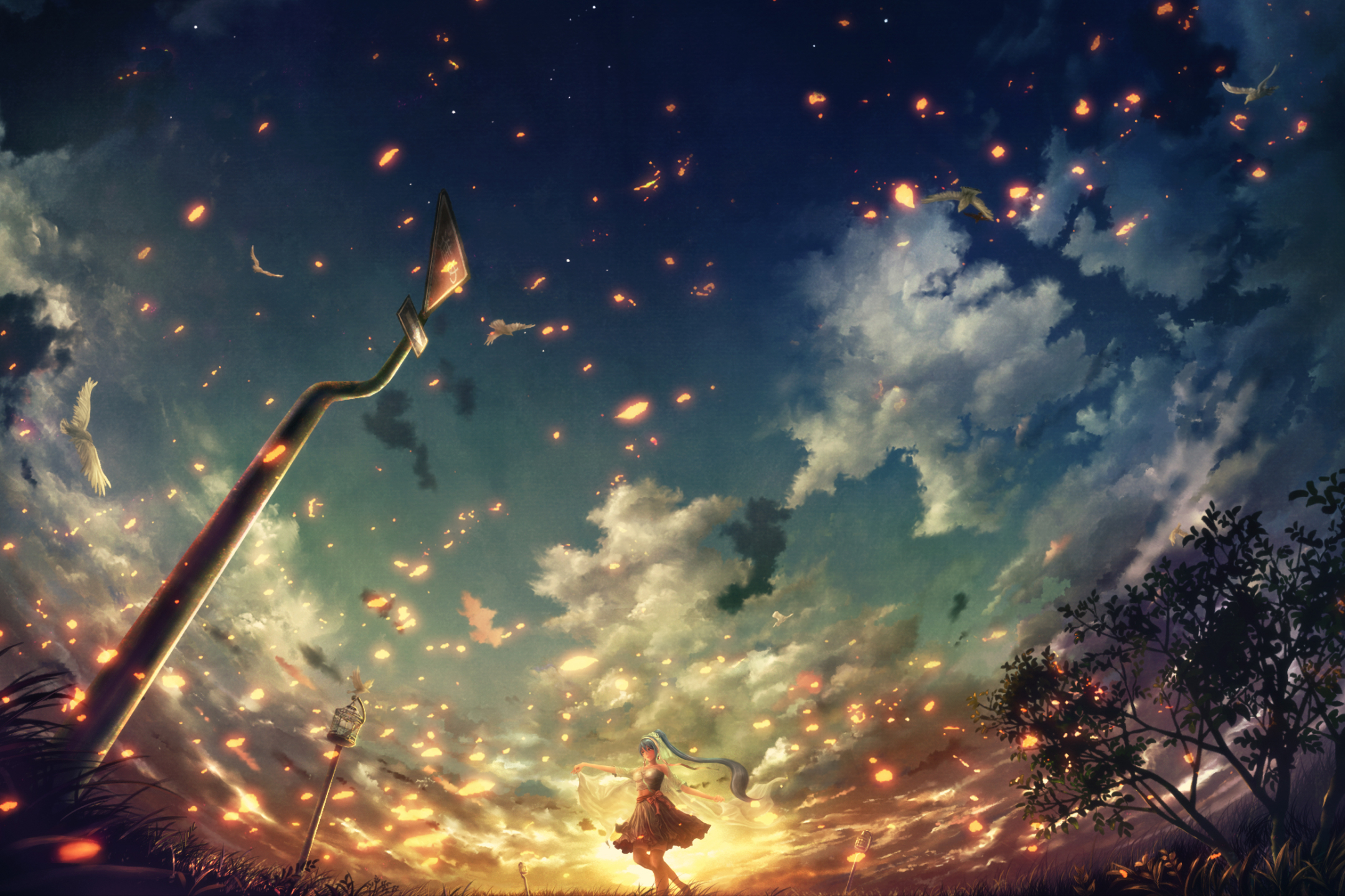 Download mobile wallpaper Anime, Sunset, Sky, Bird, Long Hair for free.