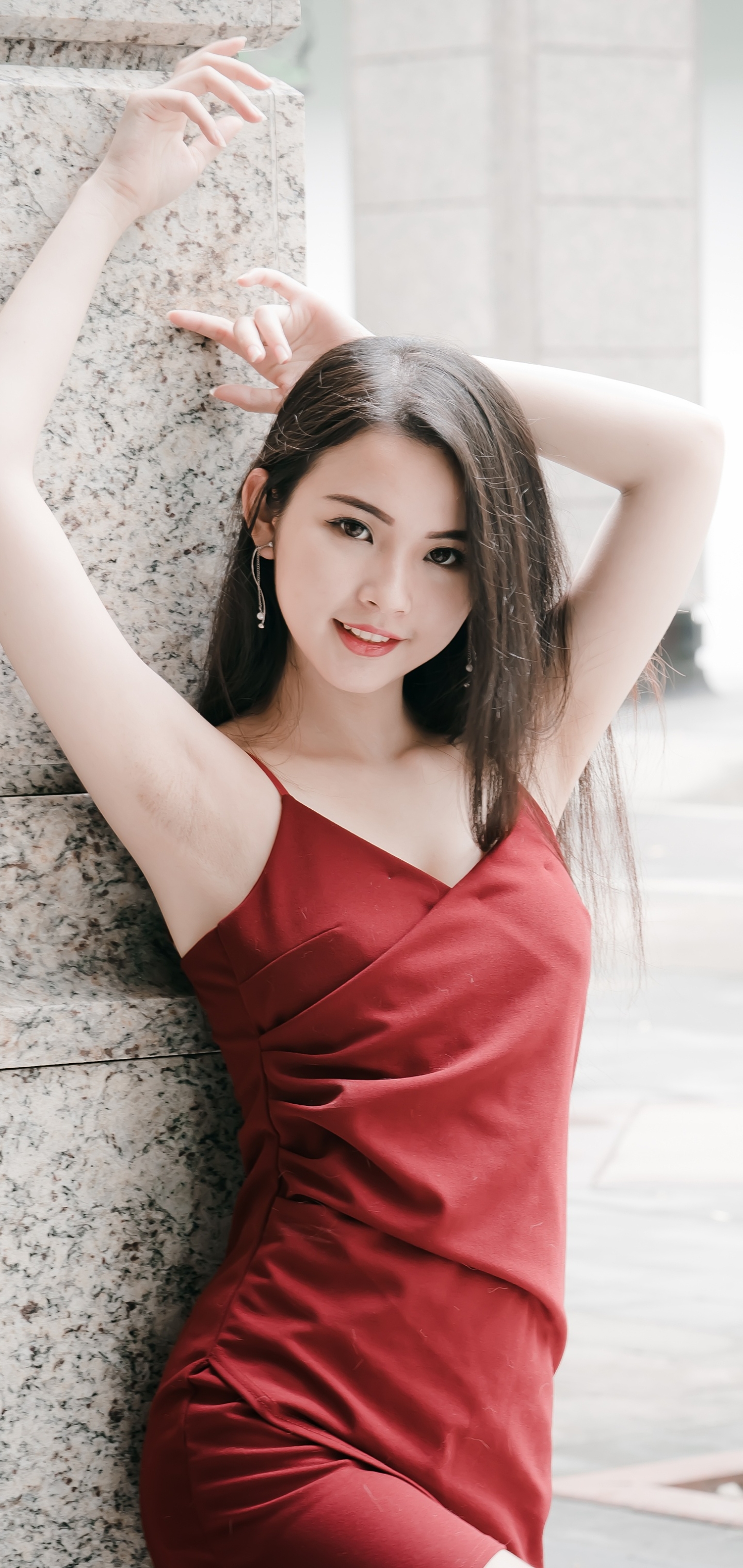 Download mobile wallpaper Brunette, Model, Women, Asian, Red Dress for free.