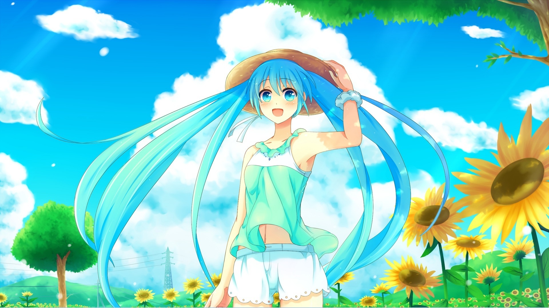 Descarga gratis la imagen Verano, Sonreír, Girasol, Vocaloid, Sombrero, Ojos Azules, Animado, Pelo Largo, Pelo Azul, Hatsune Miku, Colas Gemelas en el escritorio de tu PC