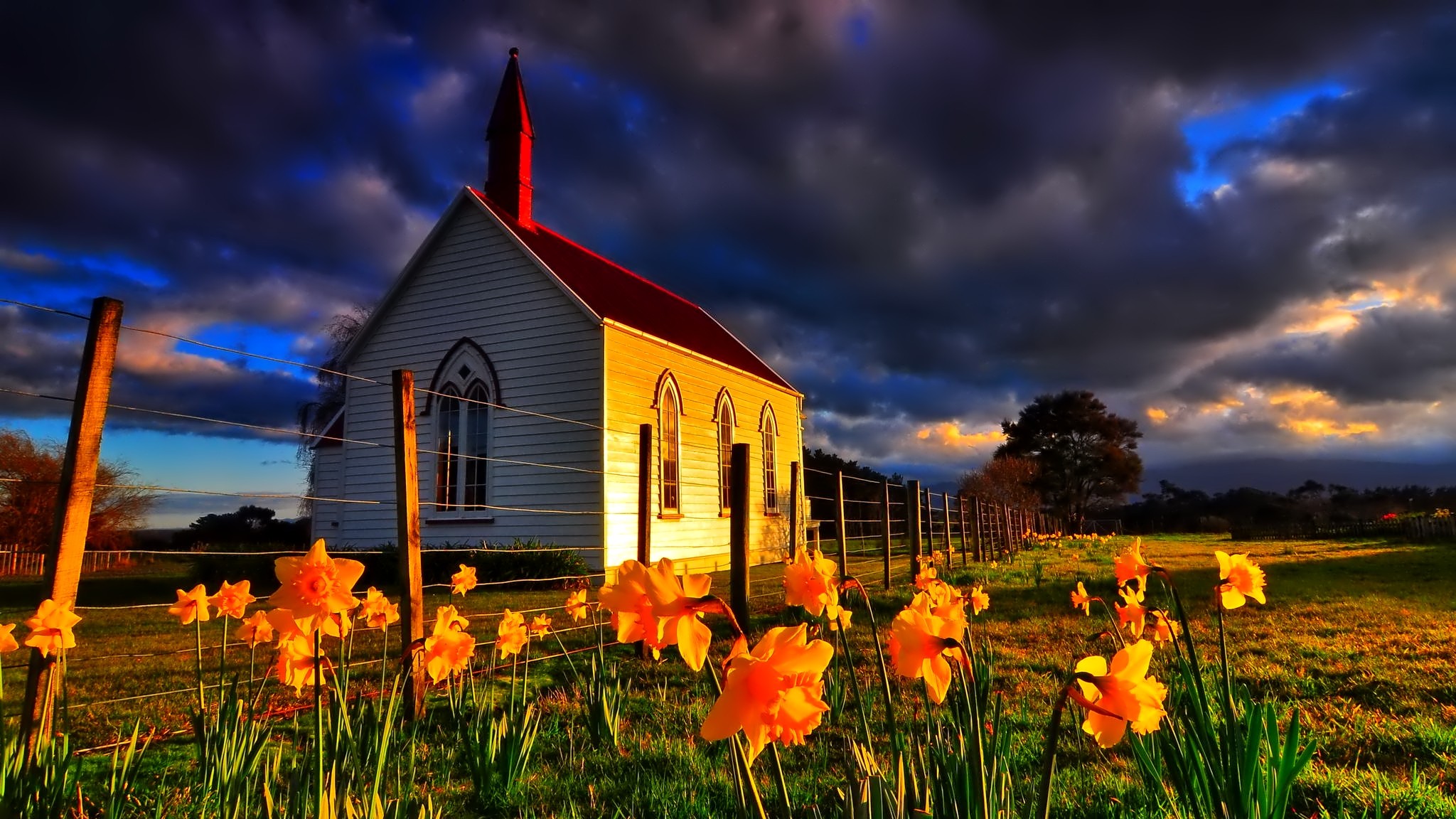 Download mobile wallpaper Flower, Cloud, Church, Chapel, Man Made, Religious, Daffodil for free.
