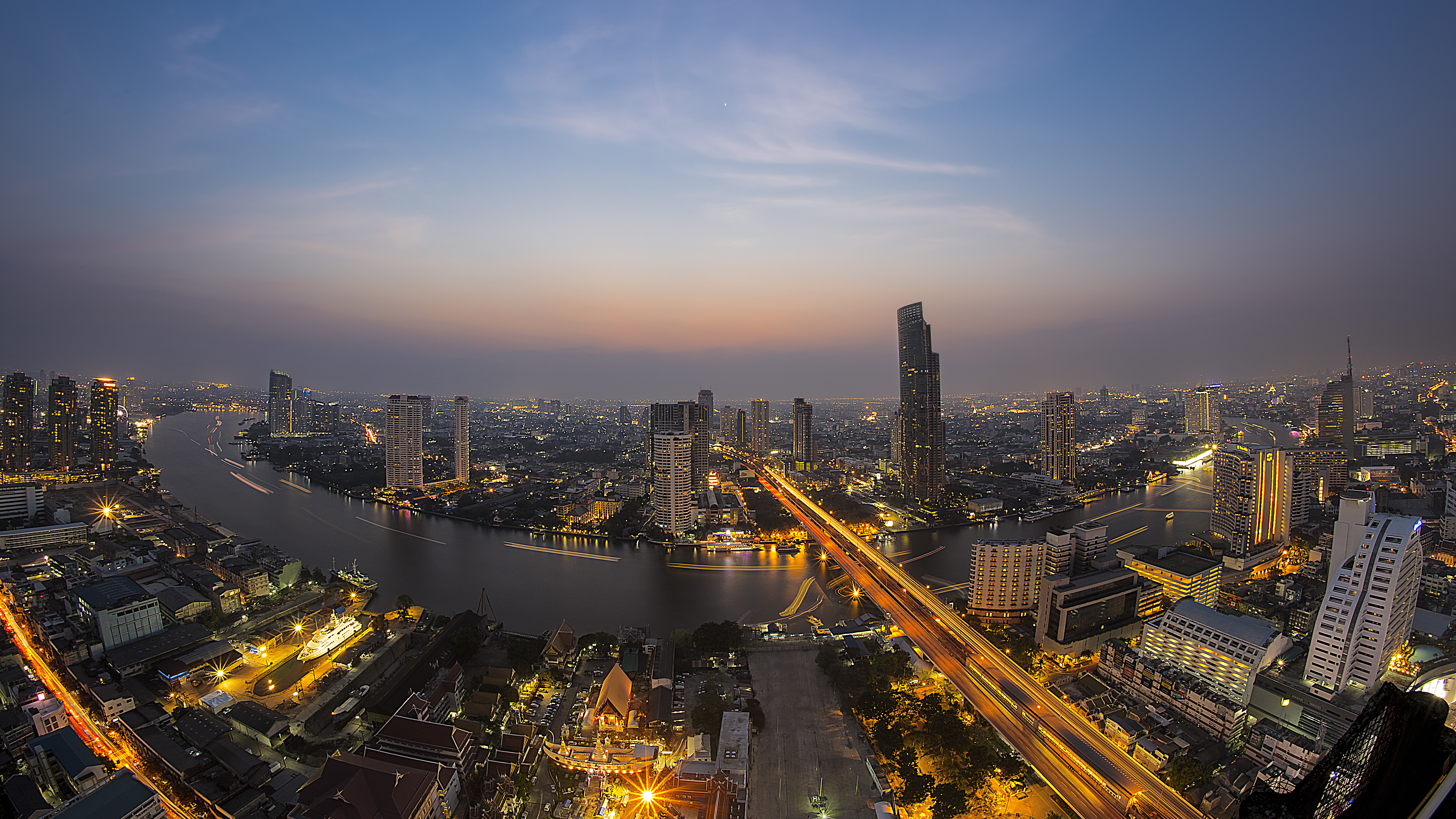 1523043 скачать обои вечер, бангкок, таиланд, сделано человеком, городской пейзаж, река, закат, города - заставки и картинки бесплатно
