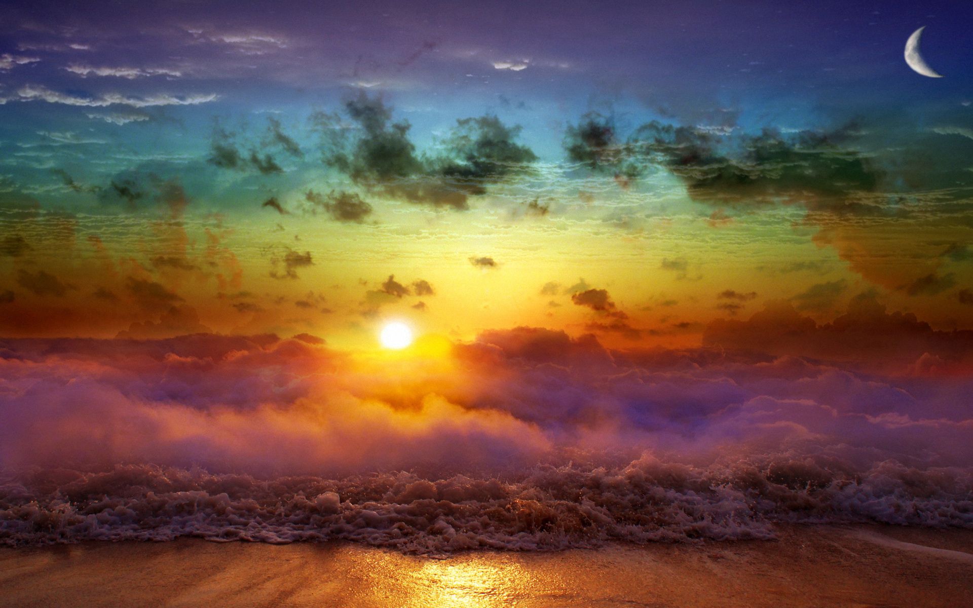nature, sunset, sea, sun, night, clouds, waves, moon, fog, evening, day, merge, confluence