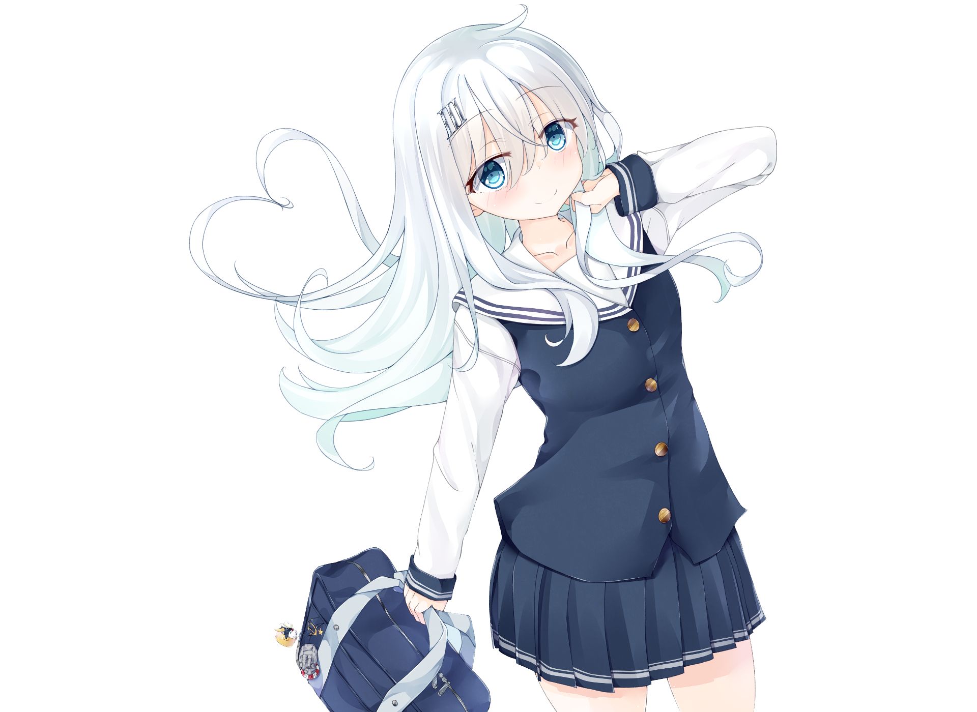 Free download wallpaper Anime, School Uniform, Long Hair, White Hair, Aqua Eyes, Kantai Collection, Hibiki (Kancolle) on your PC desktop