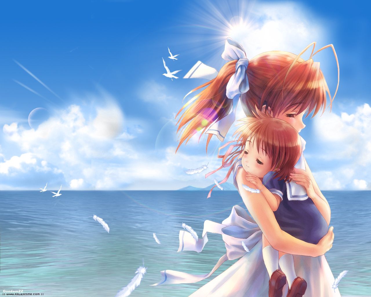 Download mobile wallpaper Wind, Pen, Child, Feather, Embrace, Girl, Anime for free.
