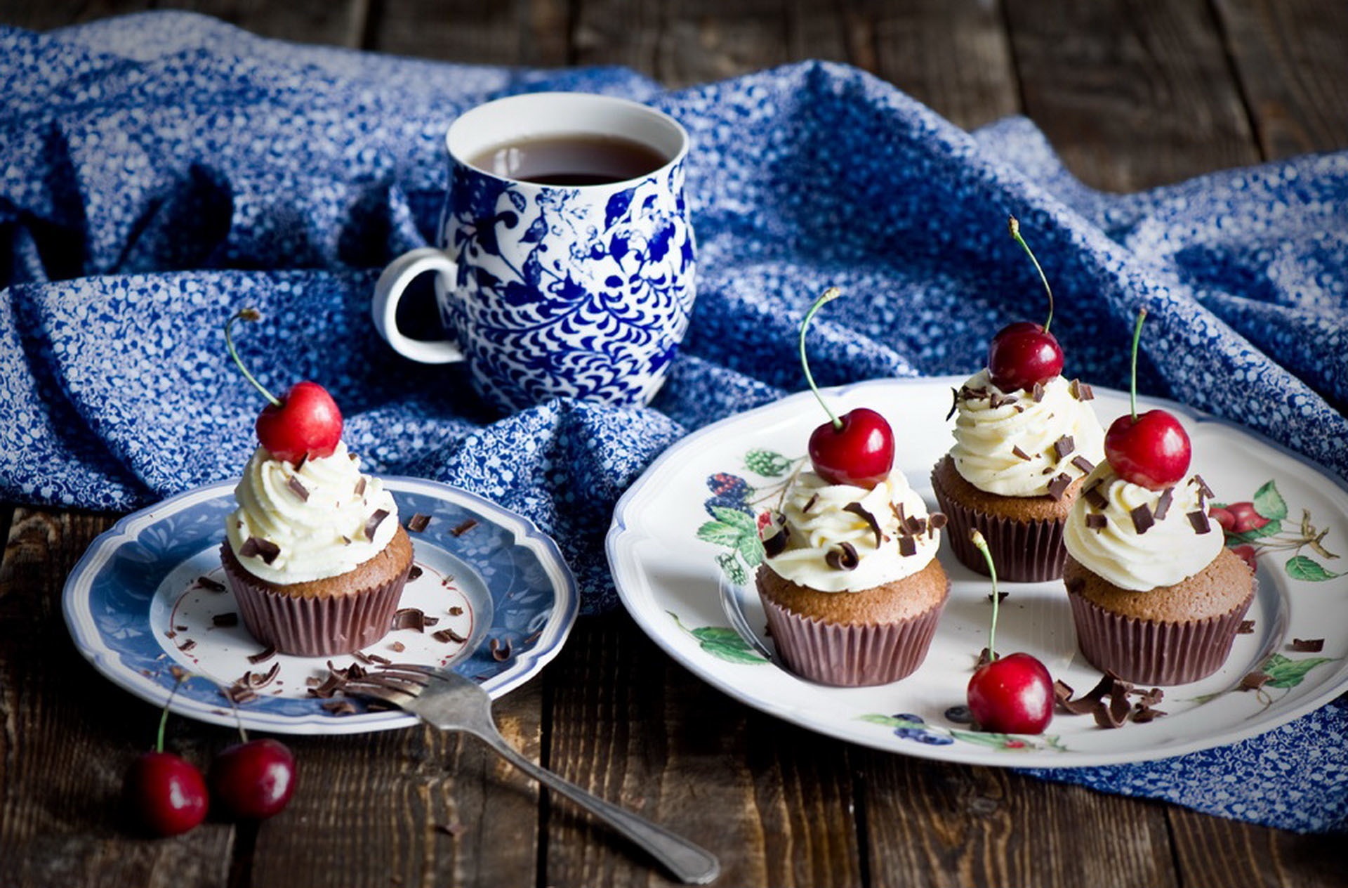 Download mobile wallpaper Food, Cherry, Dessert, Coffee, Still Life, Cream, Cupcake for free.