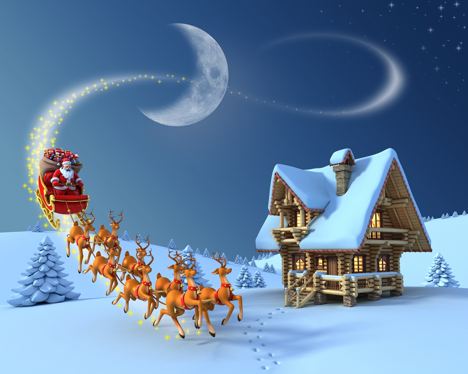 3d, reindeer, christmas, holiday, cgi, gift, moon, santa, sleigh