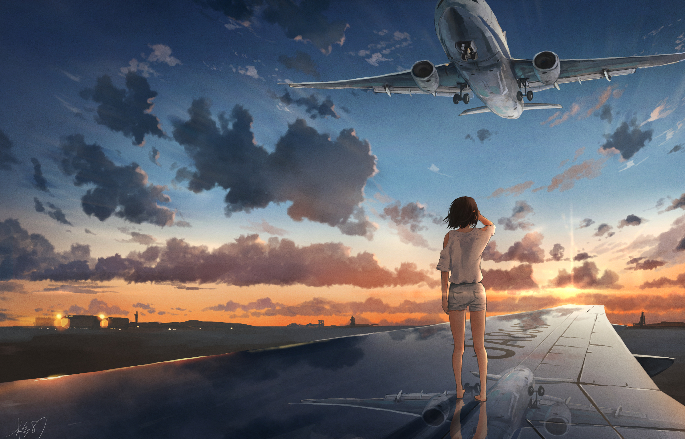 Download mobile wallpaper Anime, Sunset, Sky, Sun, Reflection, Airplane, Cloud, Shorts, Original for free.