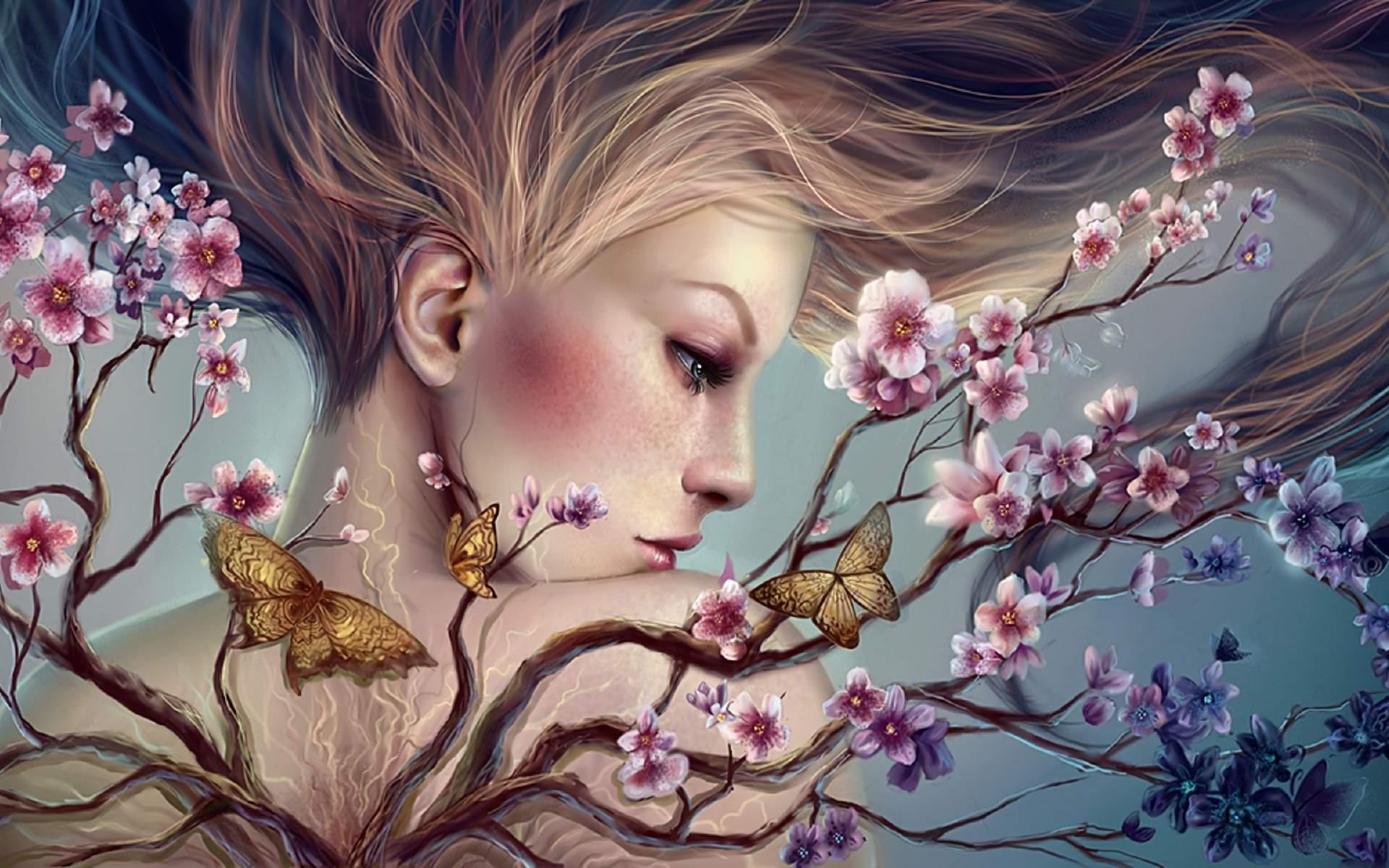 Download mobile wallpaper Fantasy, Branch, Butterfly, Hair, Women, Blossom for free.
