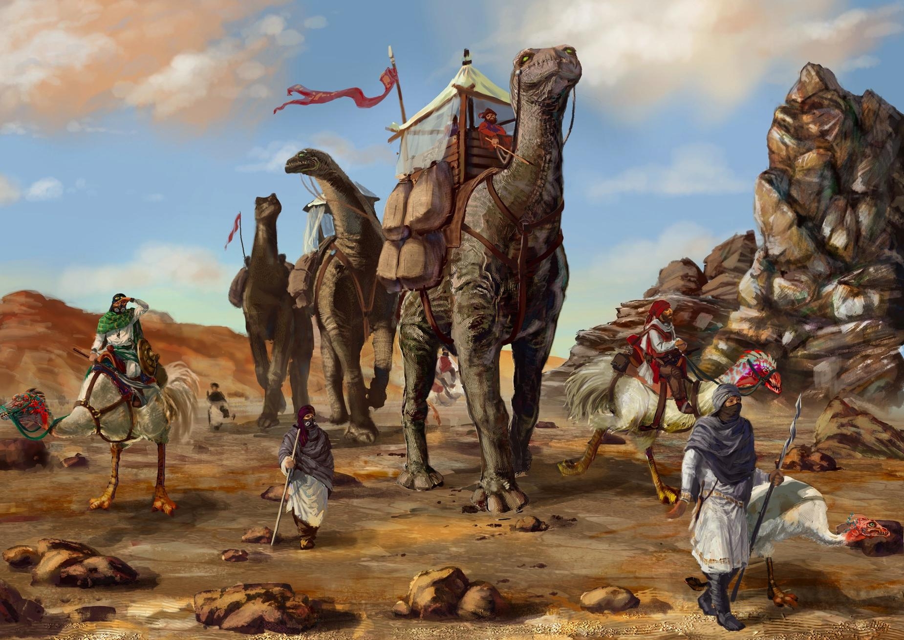 107549 Bild herunterladen fantasie, wüste, dinosaurs, wohnwagen, beduine, beduinen - Hintergrundbilder und Bildschirmschoner kostenlos