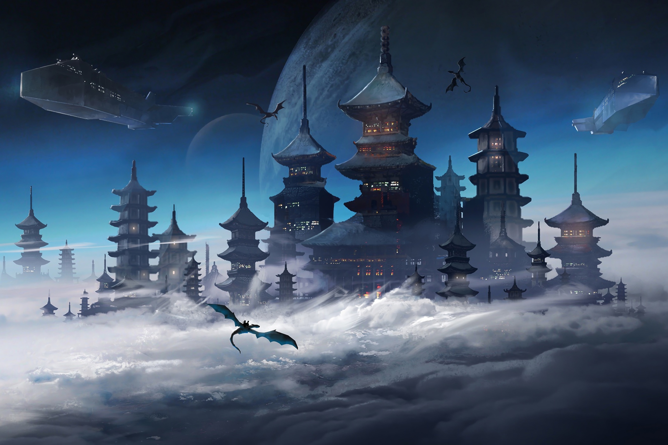 Download mobile wallpaper Fantasy, City, Building, Dragon, Sci Fi, Spaceship, Cloud, Japanese, Castle for free.