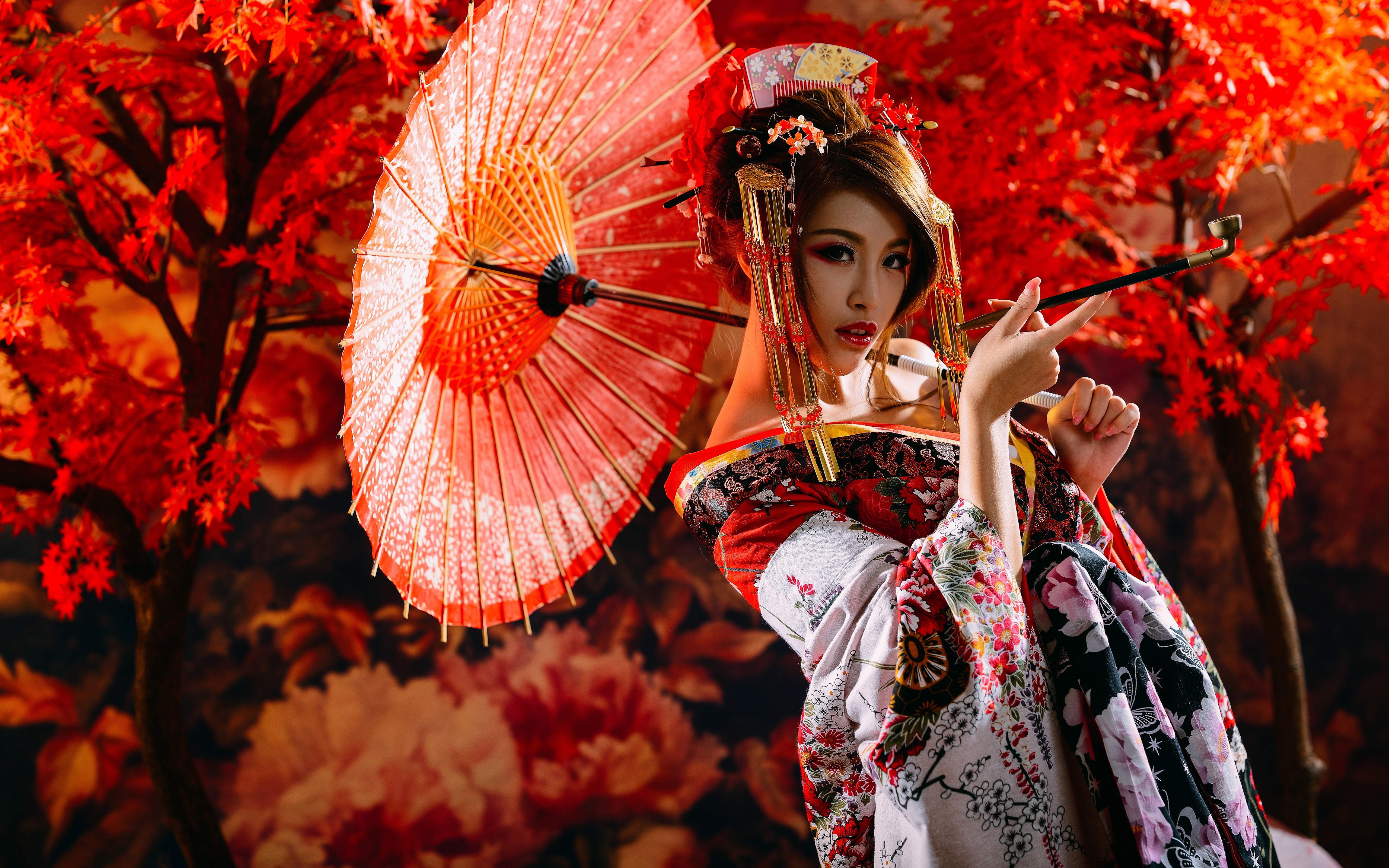 Téléchargez des papiers peints mobile Parapluie, Kimono, Brune, Coiffure, Asiatique, Femmes, Top Model, Rouge À Lèvres gratuitement.