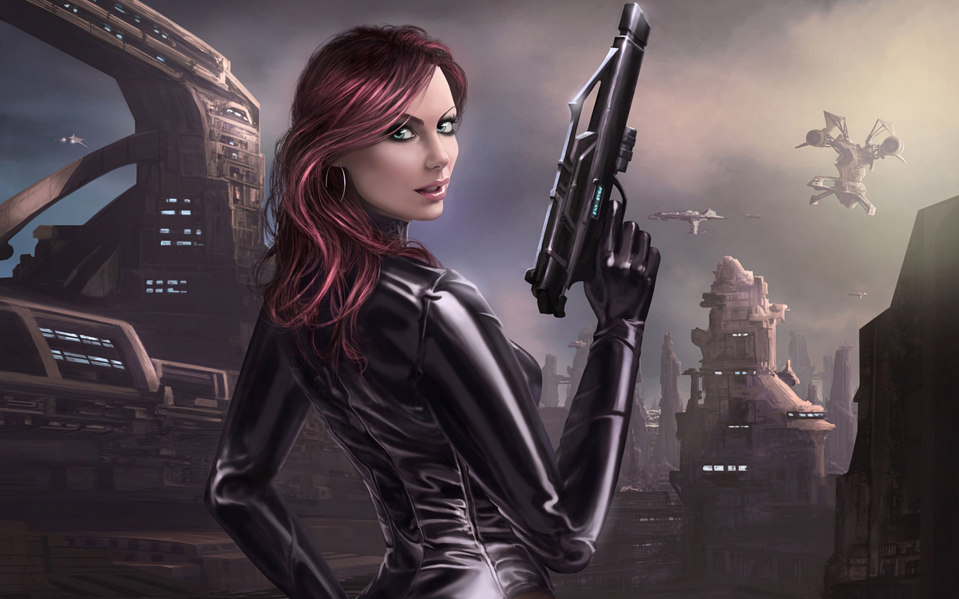 Download mobile wallpaper City, Sci Fi, Sensual, Women Warrior, Pistol, Girls & Guns for free.