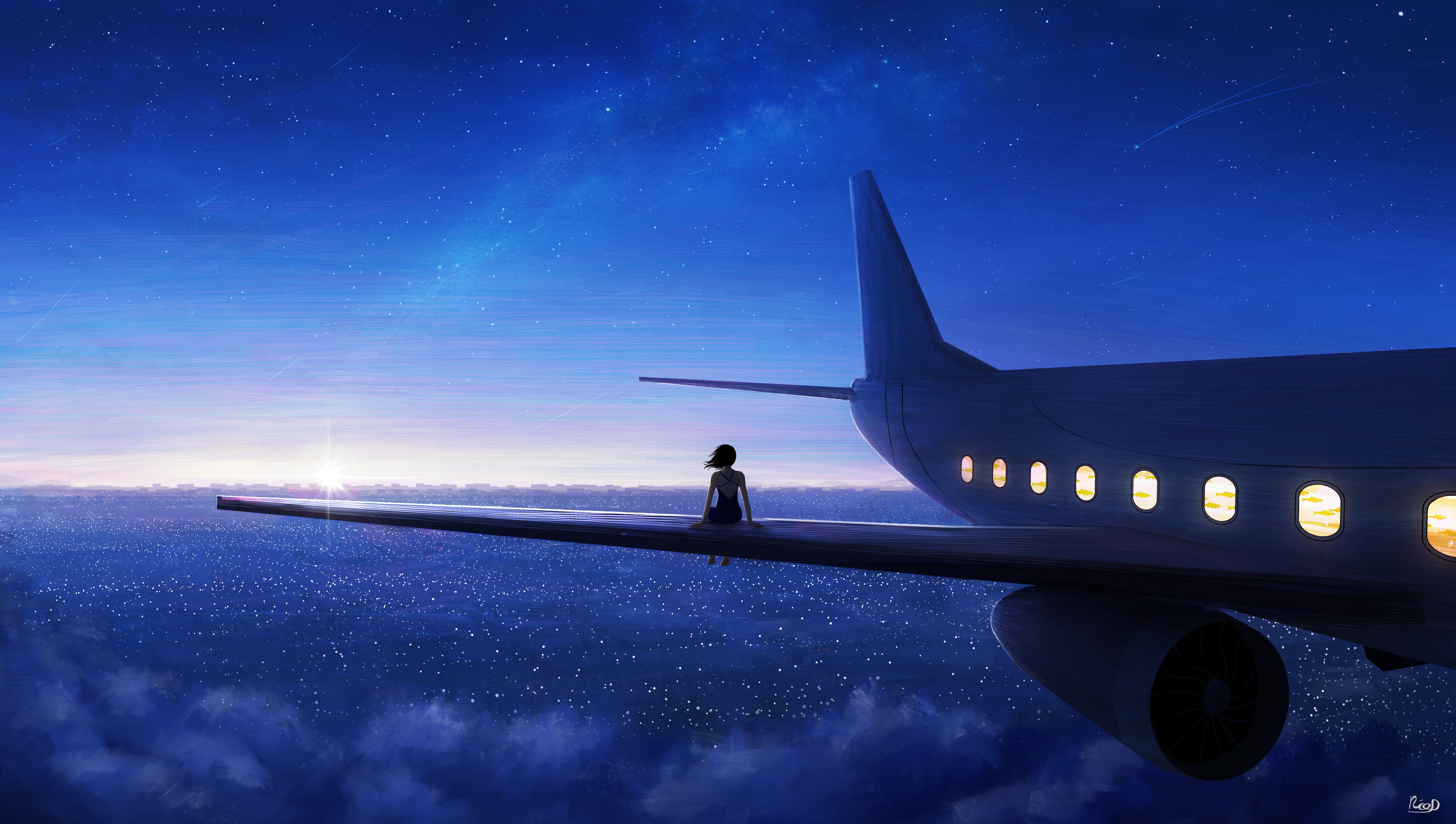 starry sky, aircraft, original, anime, shooting star, sky