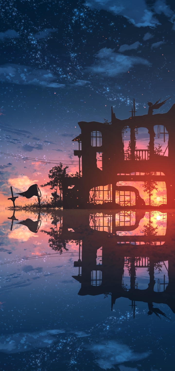 Download mobile wallpaper Anime, Water, Sunset, Reflection, Silhouette, Angel, Ruin, Original for free.