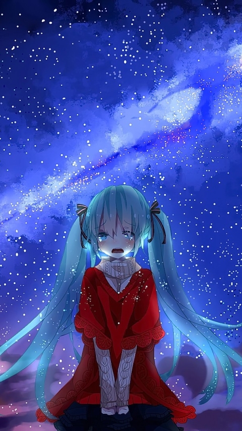 Download mobile wallpaper Anime, Stars, Sadness, Vocaloid, Blue Eyes, Hatsune Miku, Long Hair, Crying for free.