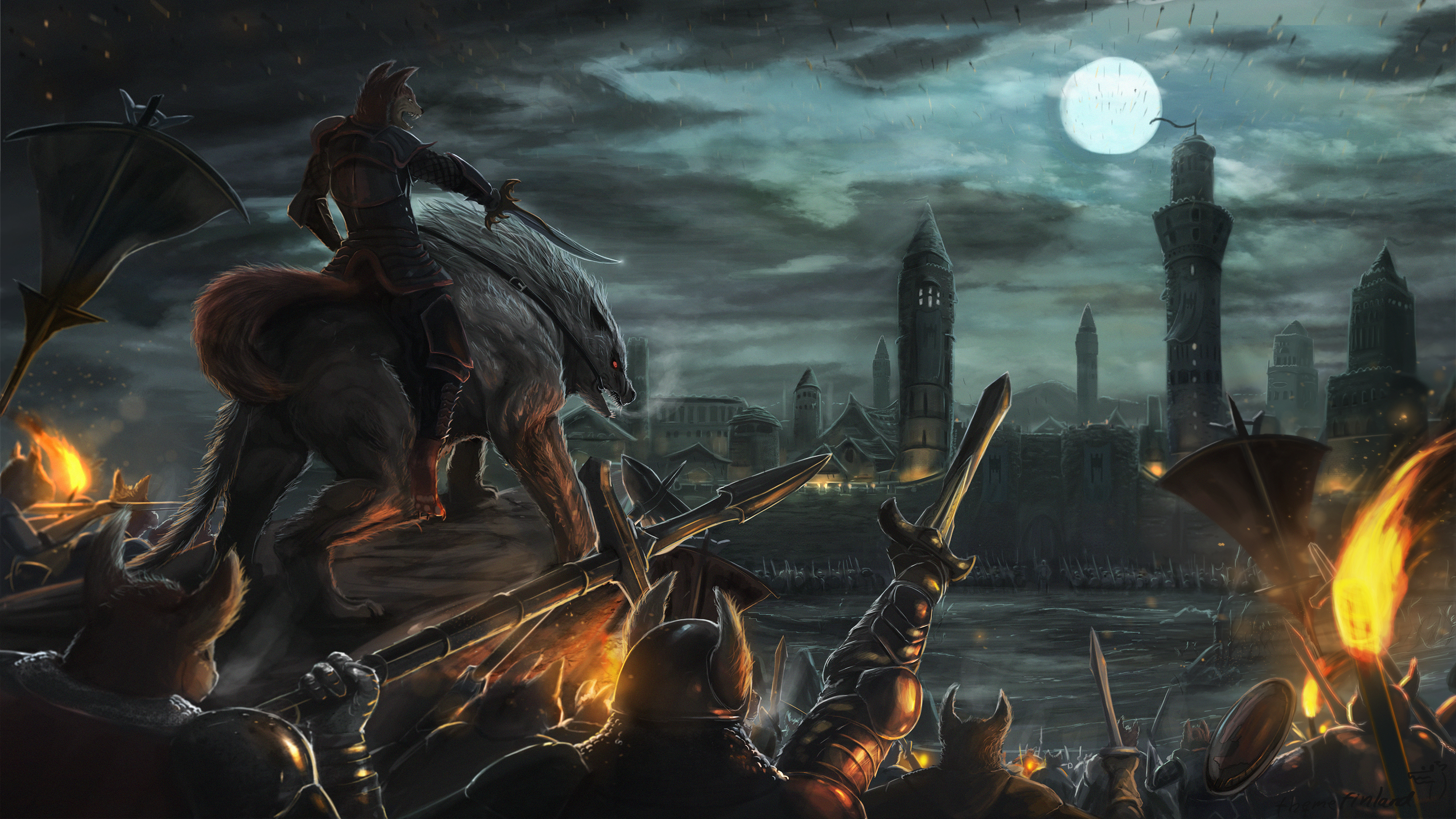 Download mobile wallpaper Fantasy, Night, City, Warrior, Battle, Army for free.