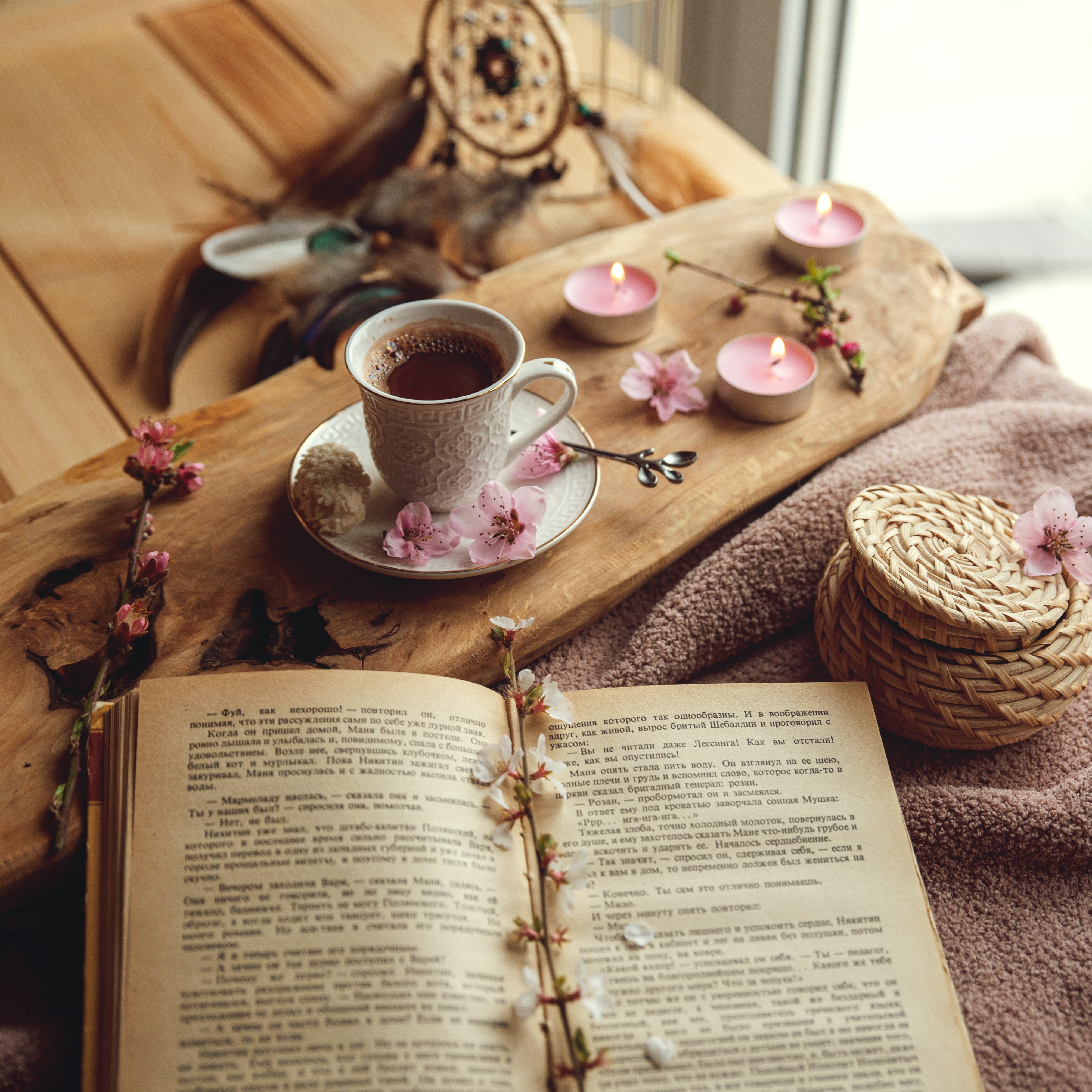 cup, beverage, candles, cocoa, food, flowers, book, drink