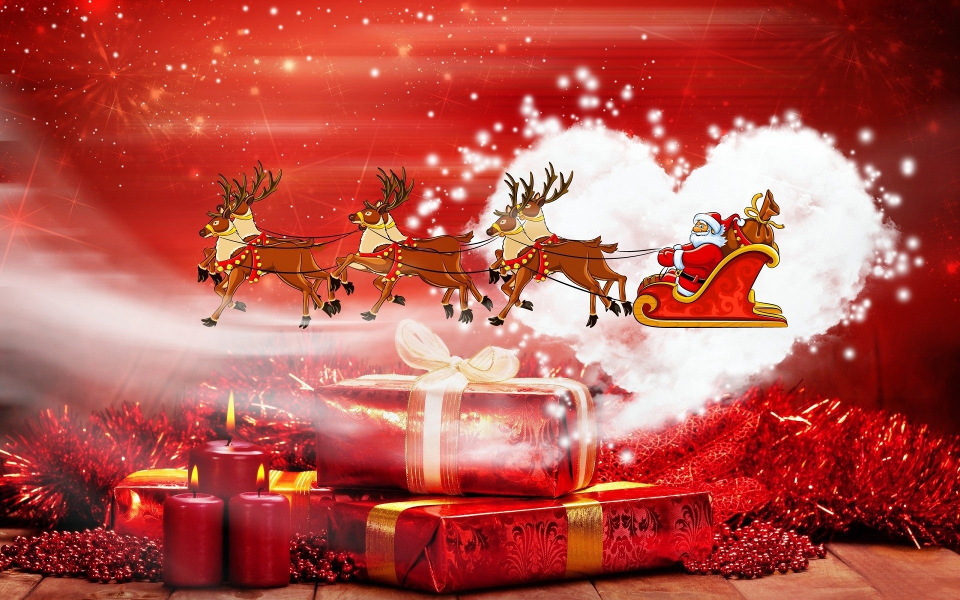 563161 скачать картинку подарки, праздничные, рождество, свеча, северный олень, санта, сани - обои и заставки бесплатно