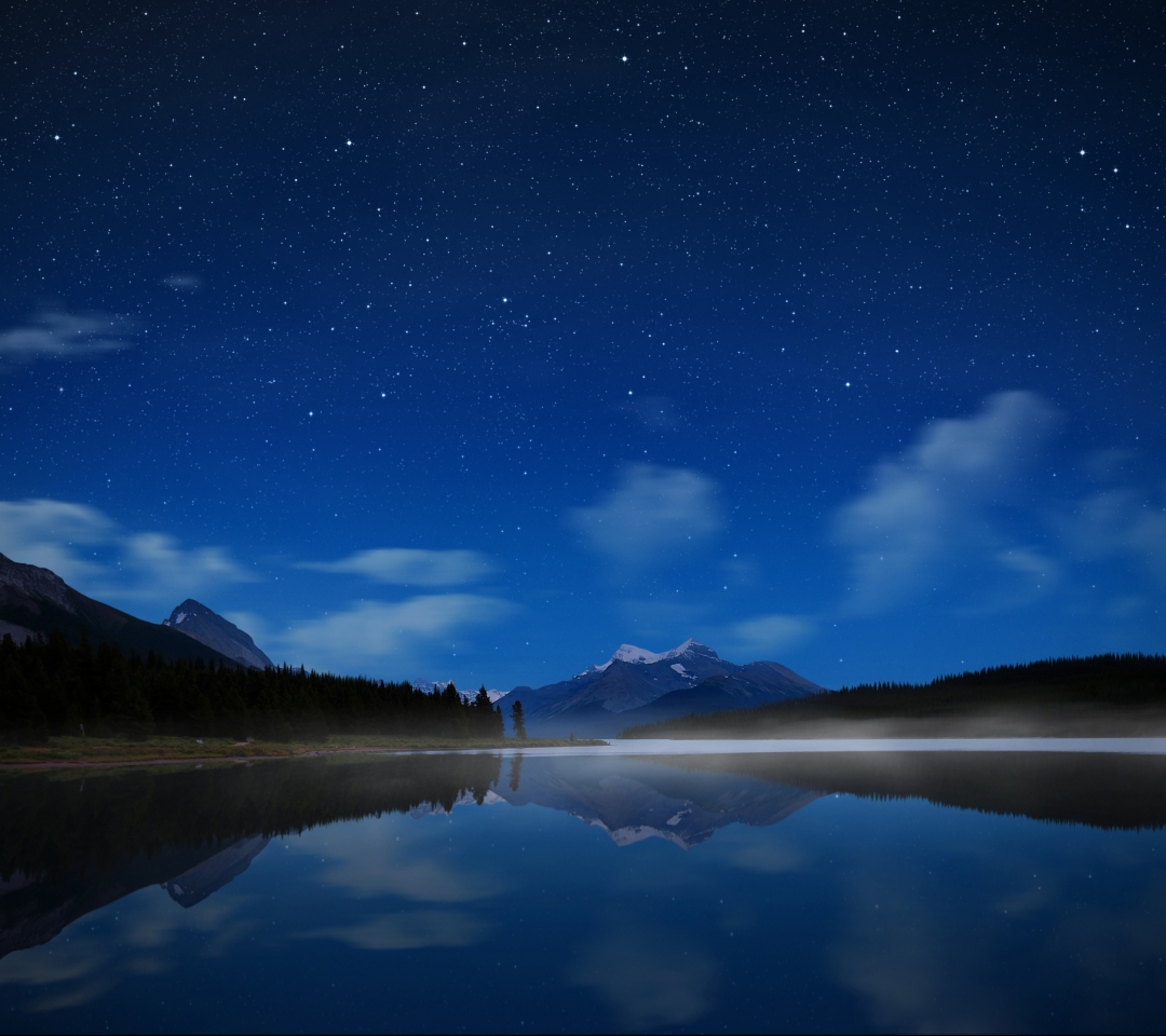Download mobile wallpaper Landscape, Water, Stars, Night, Mountain, Lake, Reflection, Fog, Earth, Cloud for free.