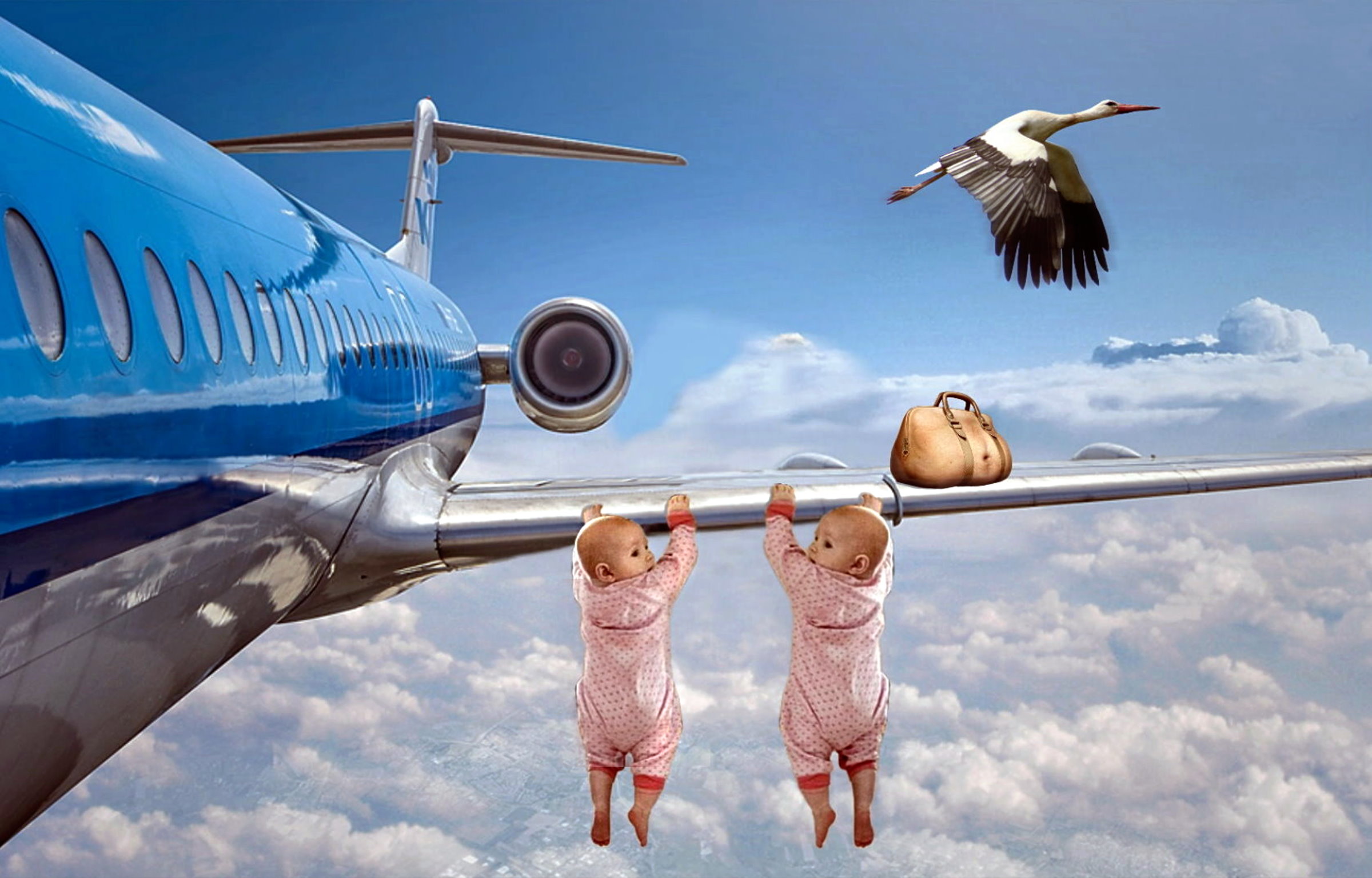 Download mobile wallpaper Bird, Airplane, Cloud, Photography, Baby, Manipulation for free.