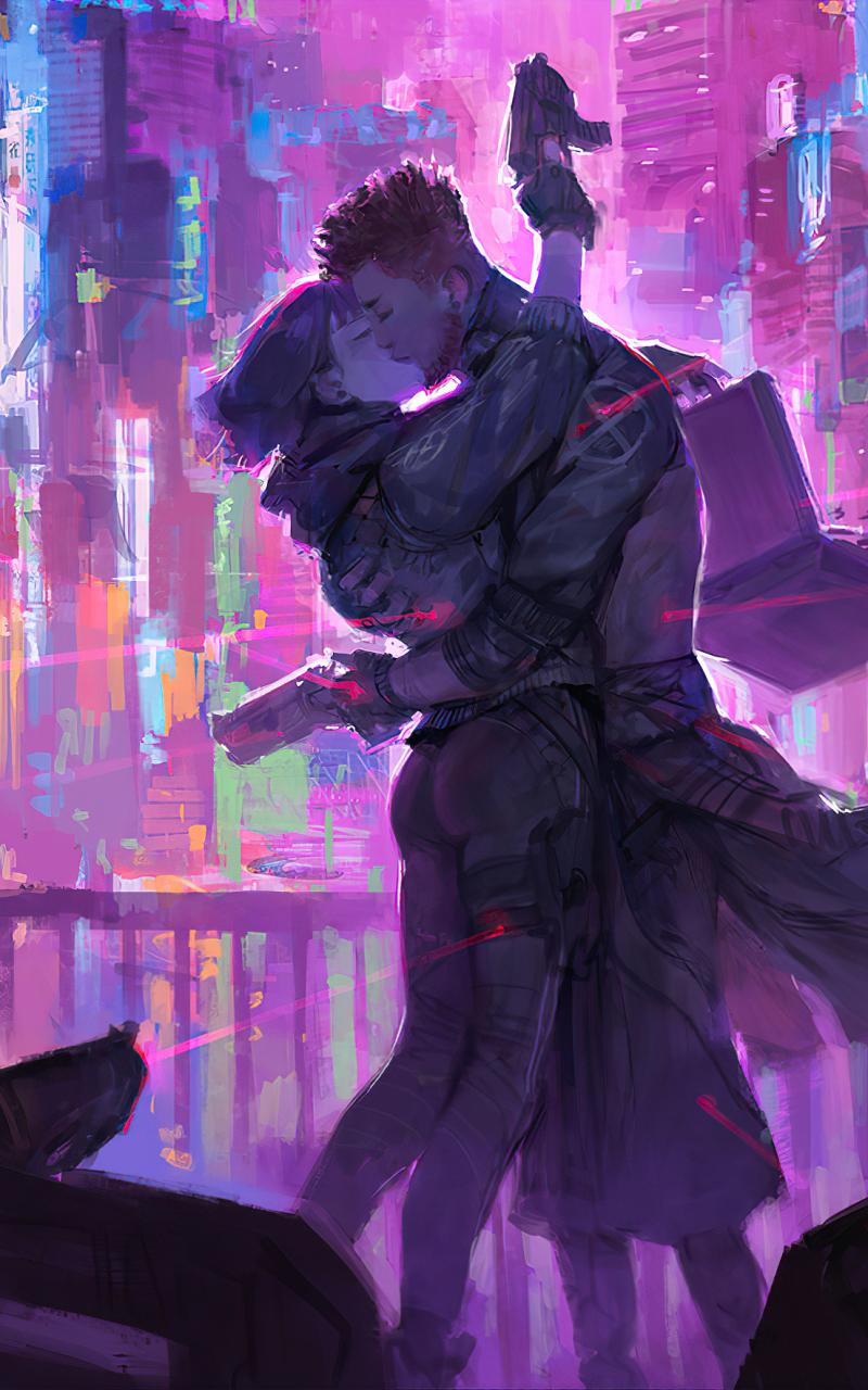 Download mobile wallpaper Couple, Cyberpunk, Sci Fi, Kiss, Futuristic for free.