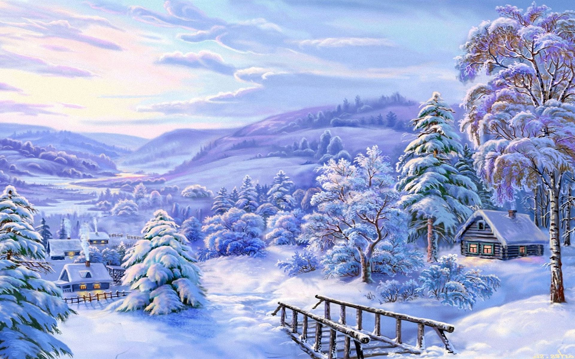 Скачать обои бесплатно Зима, Снег, Дерево, Дом, Ландшафт, Художественные картинка на рабочий стол ПК