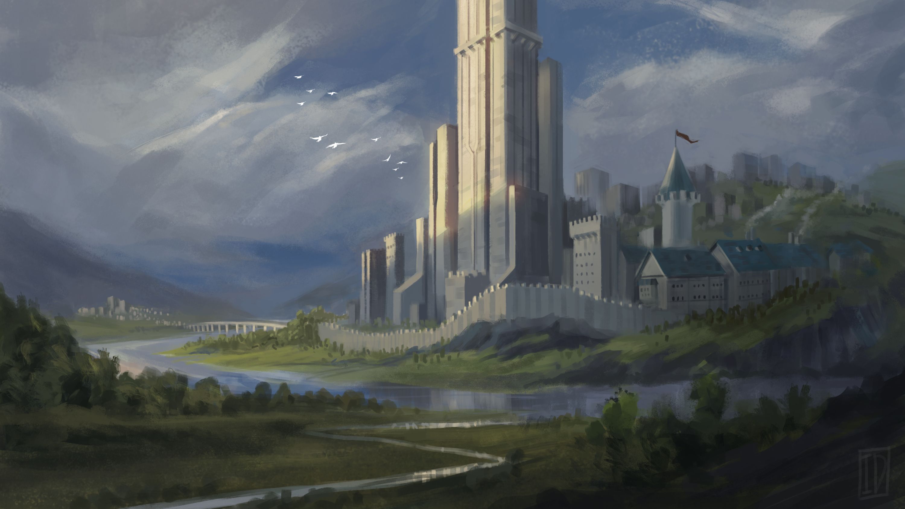 Download mobile wallpaper Fantasy, City, River, Castle for free.