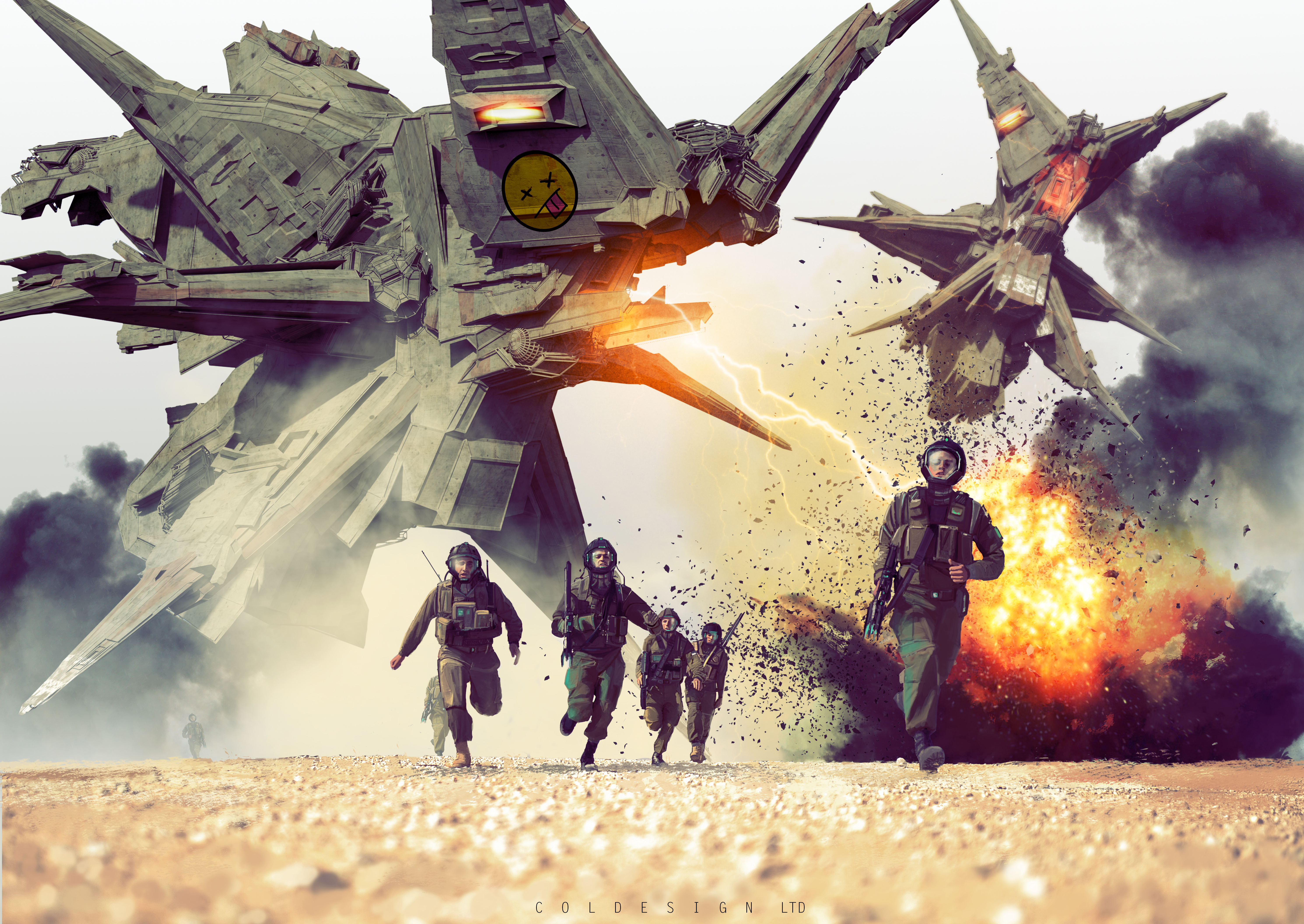 sci fi, robot, battle, drone, explosion, soldier