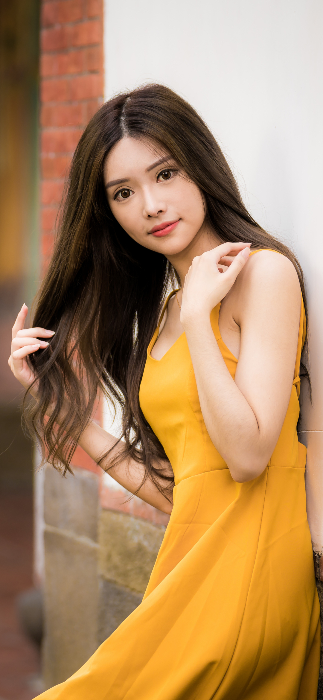 Download mobile wallpaper Brunette, Model, Women, Yellow Dress, Asian, Long Hair for free.