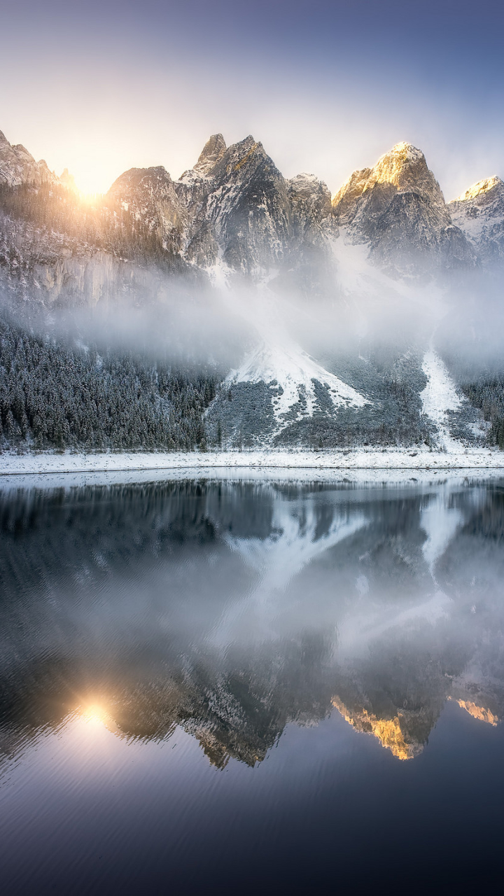 Download mobile wallpaper Winter, Lakes, Mountain, Lake, Reflection, Forest, Fog, Austria, Alps, Earth, Gosausee for free.