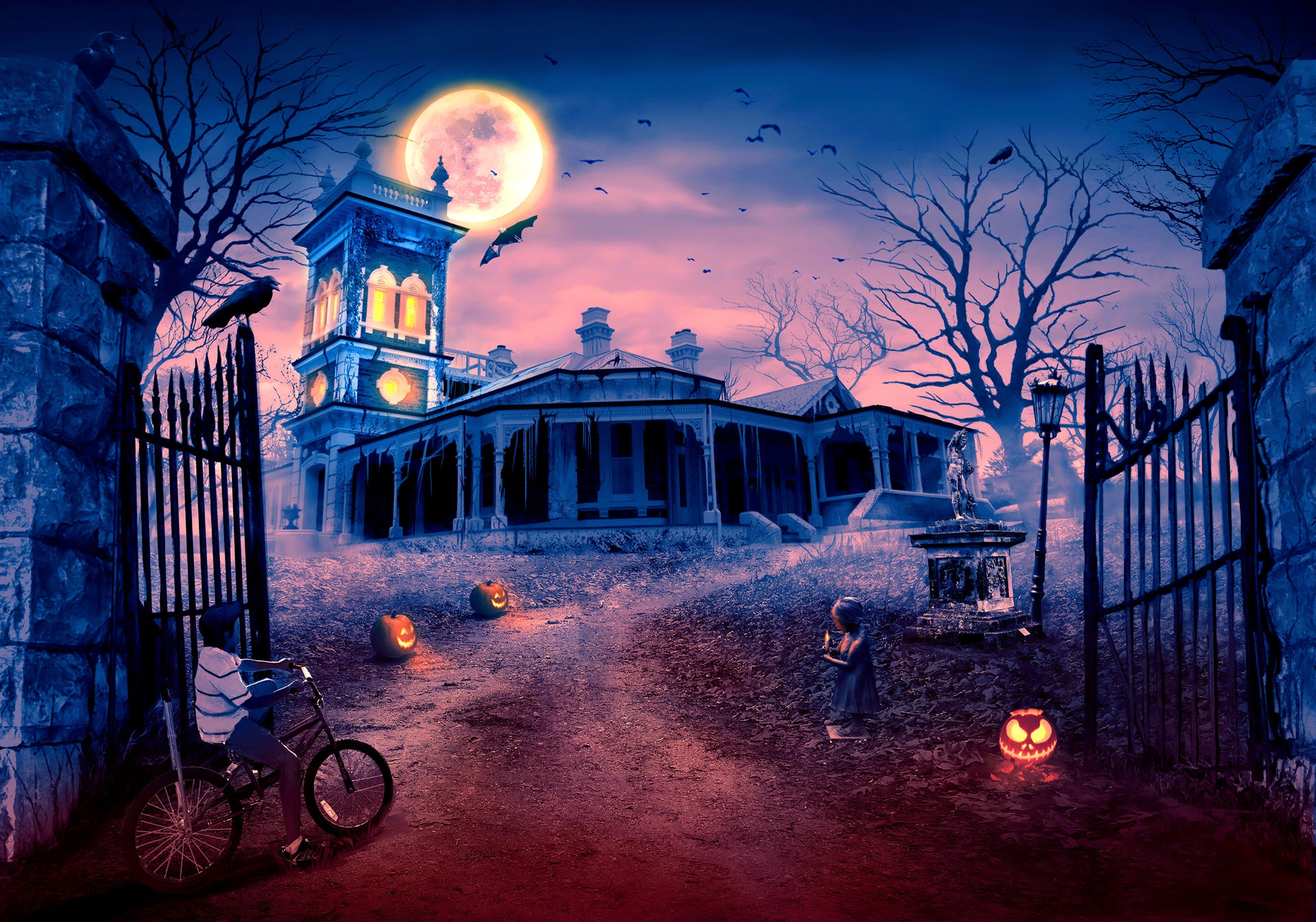 868057 скачать обои дом с привидениями, луна, праздничные, хэллоуин, летучая мышь, фонарь джека, малышка, ворон, страшные - заставки и картинки бесплатно