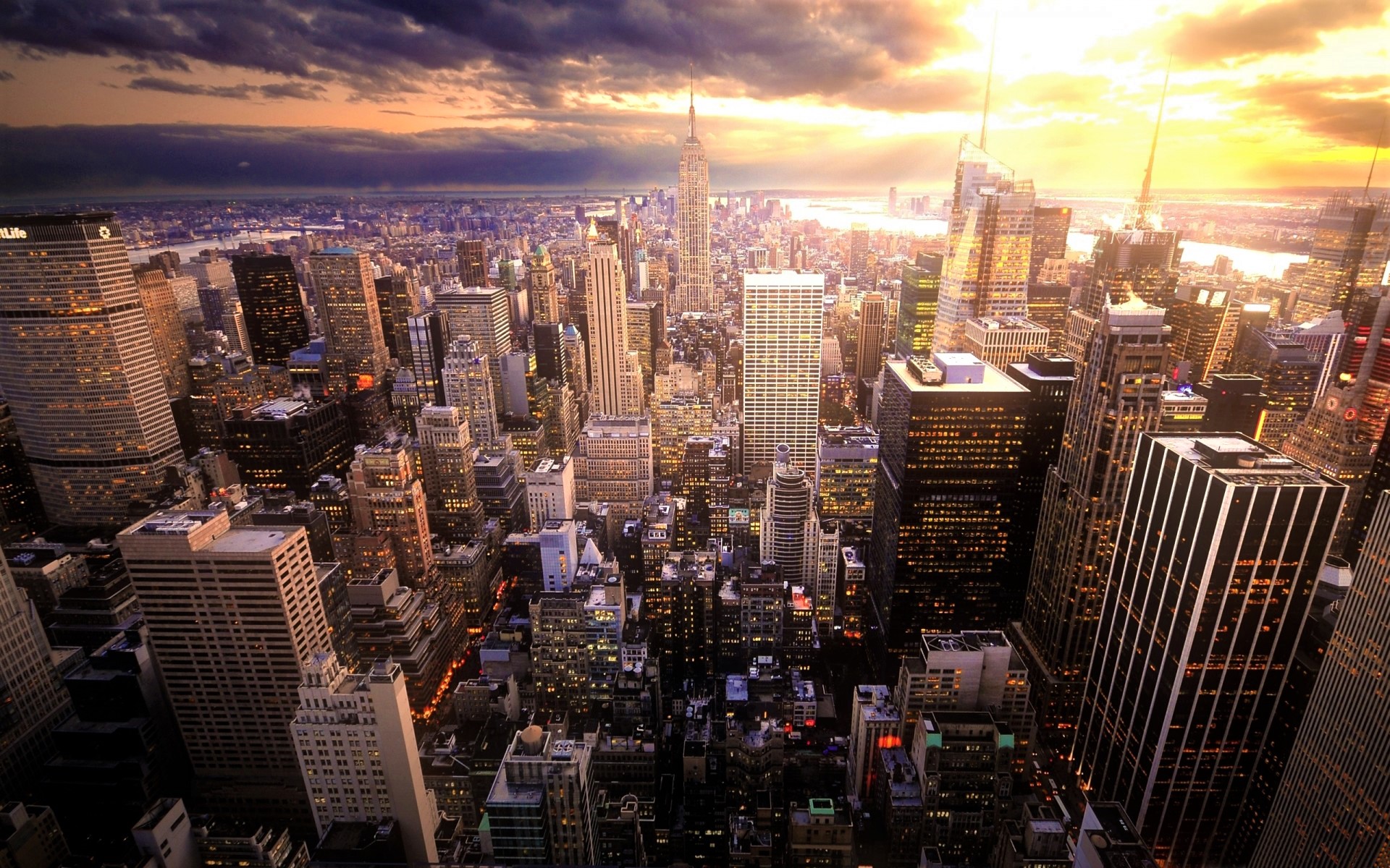 Laden Sie das Städte, Wolkenkratzer, Gebäude, New York, Manhattan, Sonnenuntergang, Vereinigte Staaten Von Amerika, Menschengemacht, Großstadt-Bild kostenlos auf Ihren PC-Desktop herunter