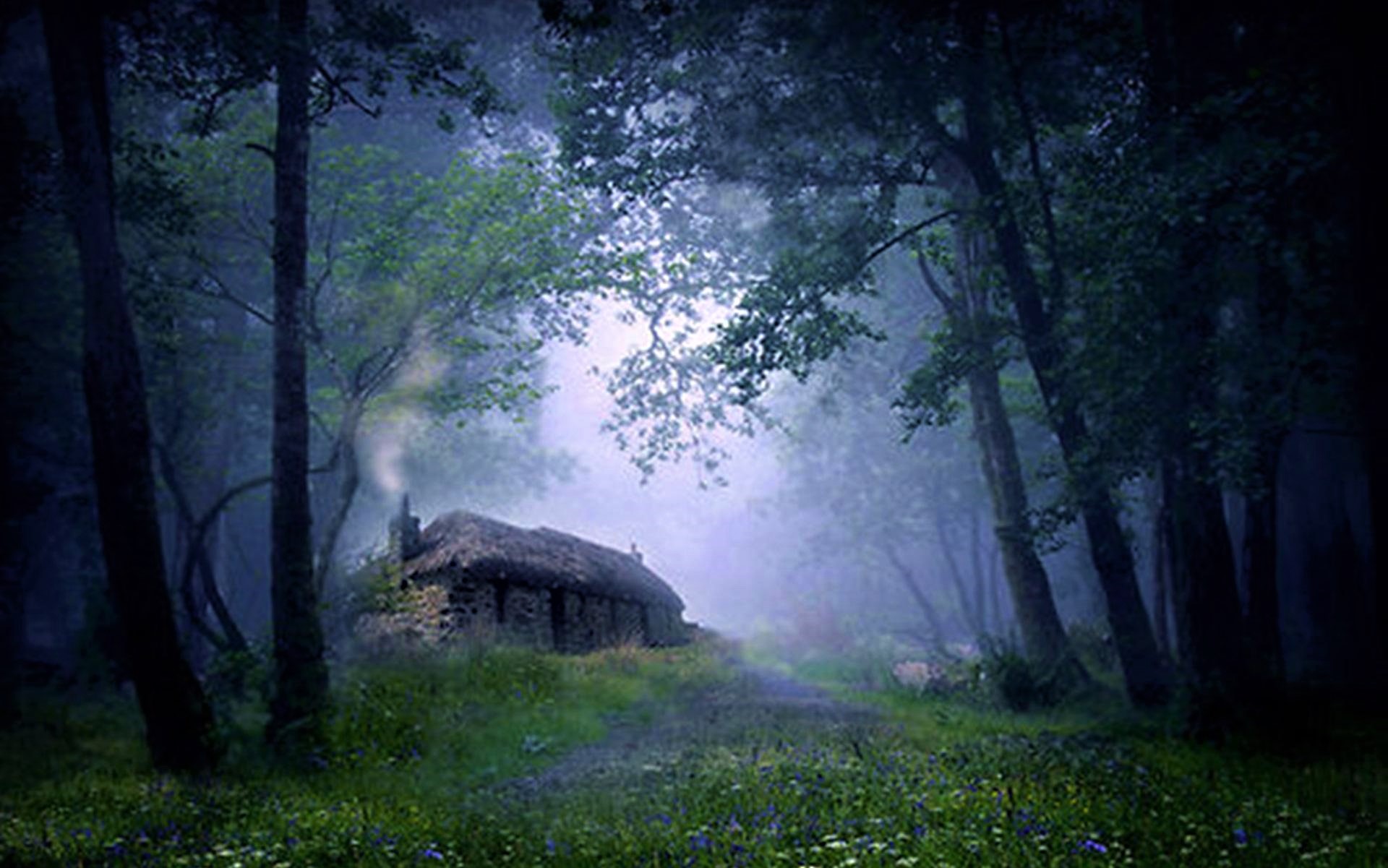 Download mobile wallpaper Forest, Fog, House, Cottage, Man Made for free.