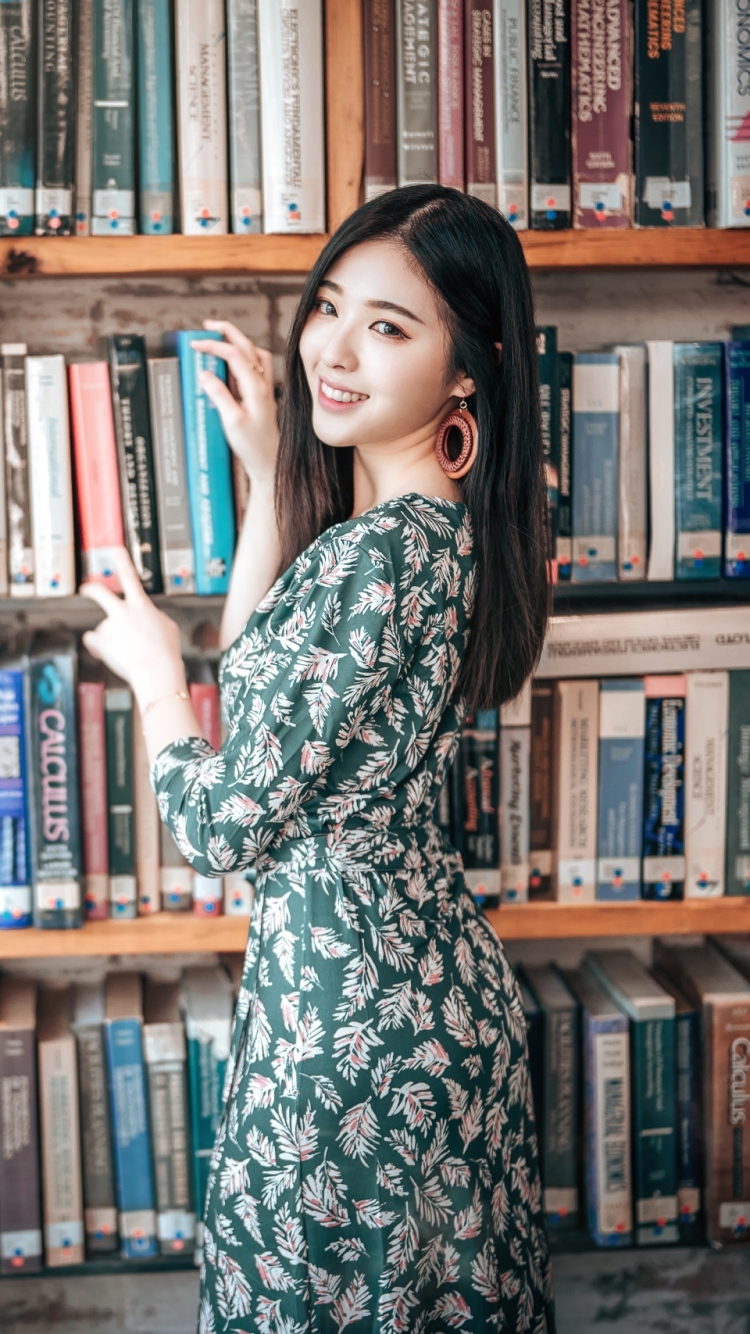 Download mobile wallpaper Smile, Dress, Library, Model, Women, Asian, Black Hair for free.