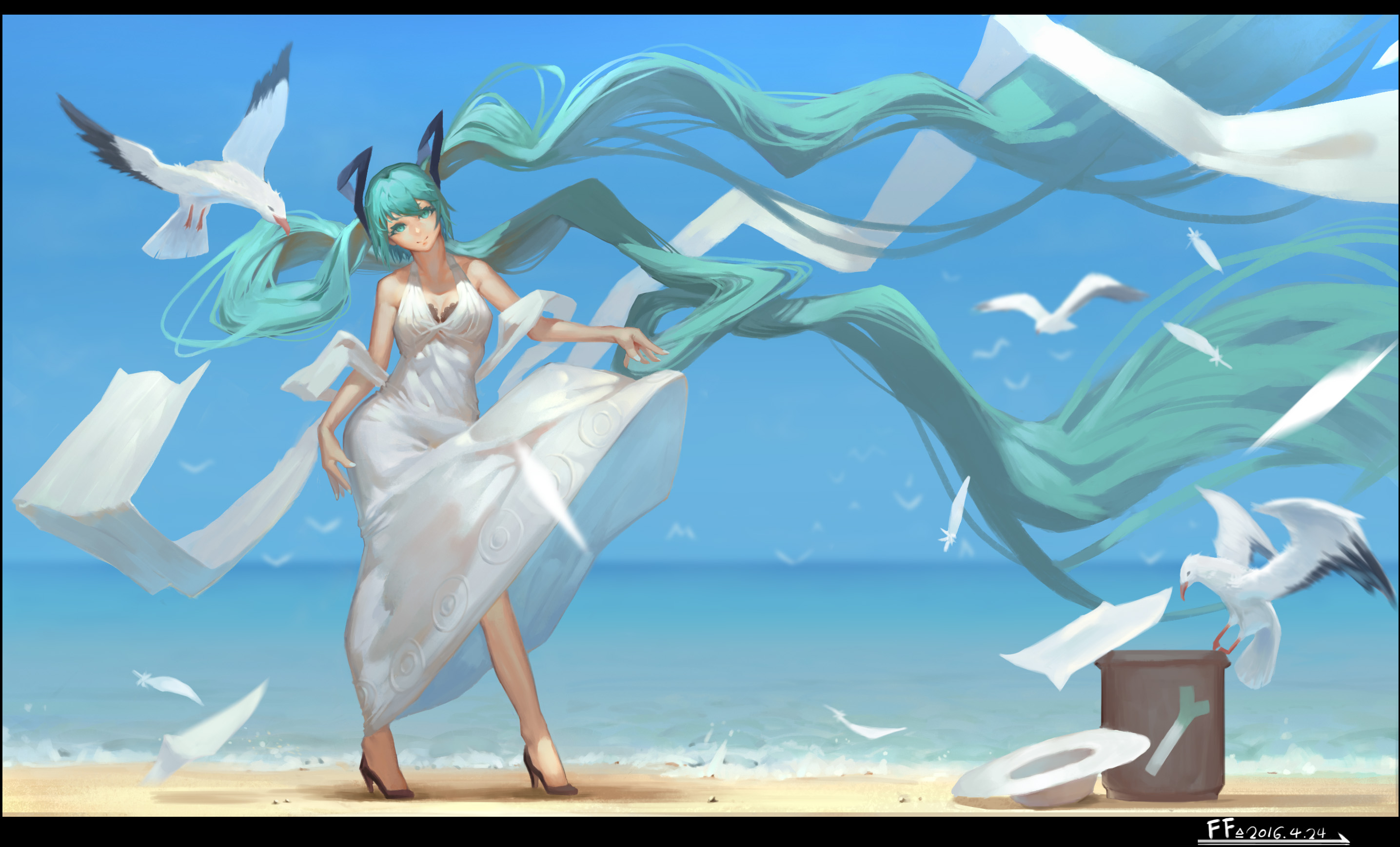 Free download wallpaper Anime, Bird, Vocaloid, Blue Hair, Hatsune Miku, Long Hair, Aqua Eyes, Twintails, White Dress on your PC desktop