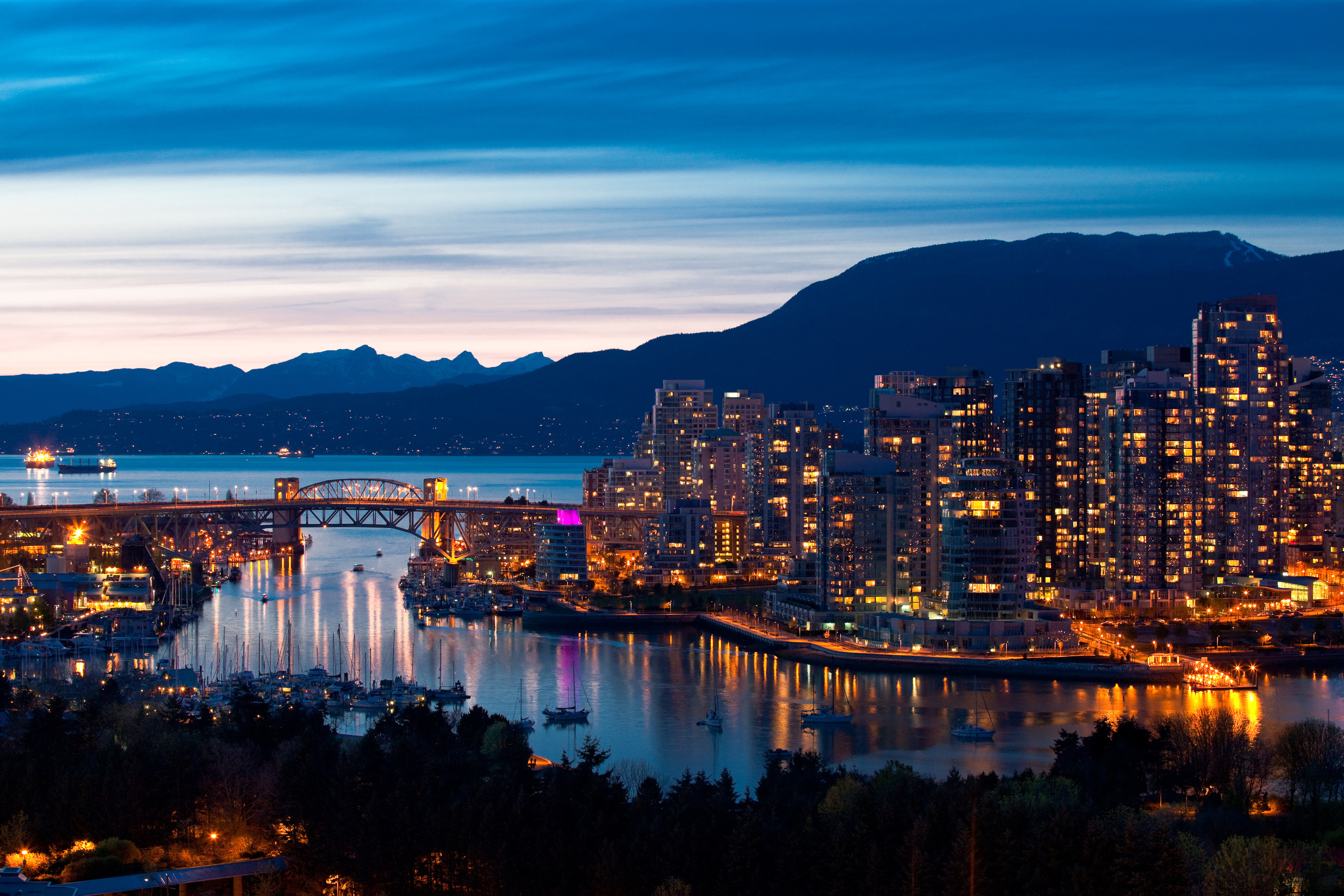 reflection, man made, night, vancouver, canada, cityscape, cloud, dusk, light, mountain, panorama, scenic, sky, cities