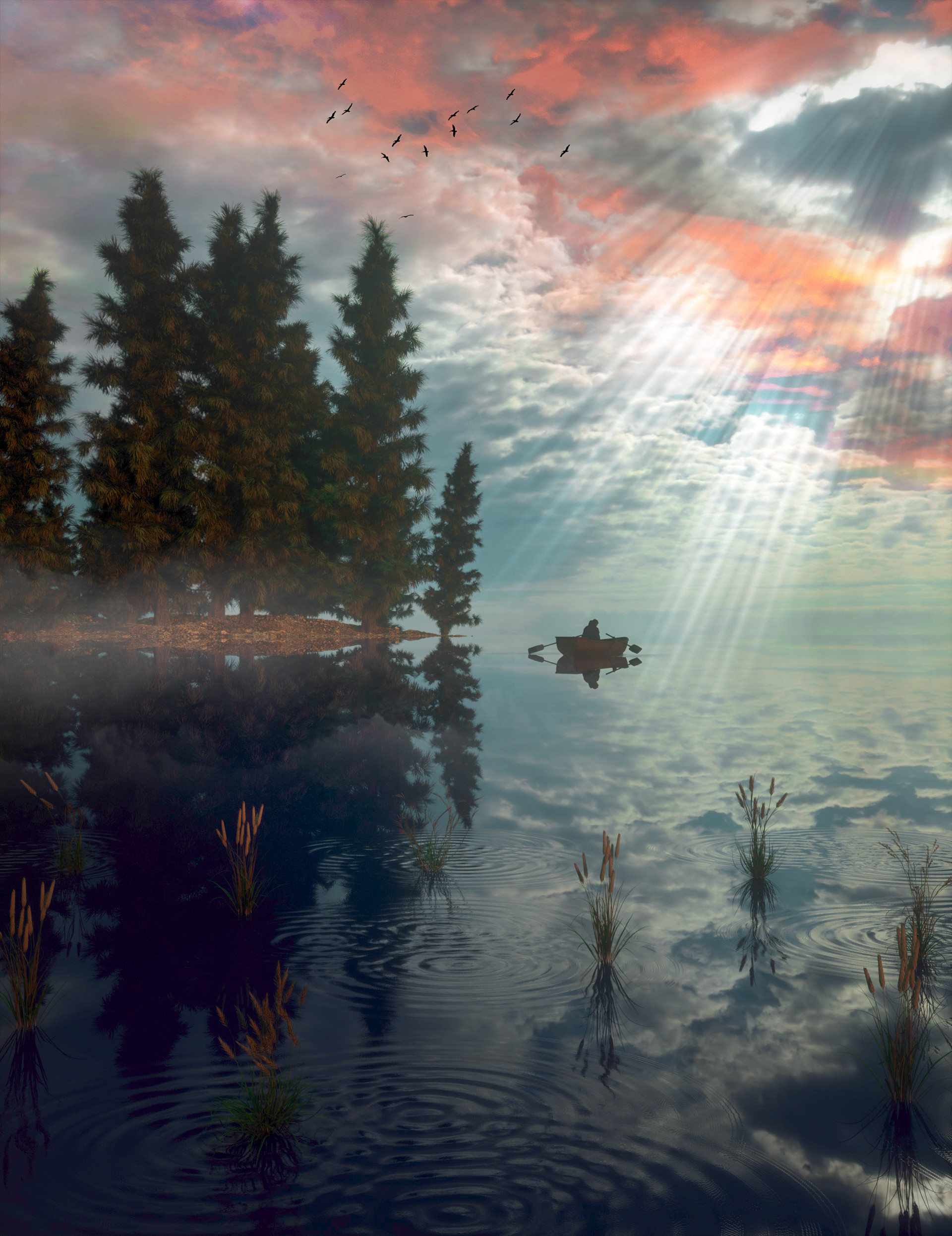 Free download wallpaper Trees, Lake, Fog, Nature, Boat, Art on your PC desktop
