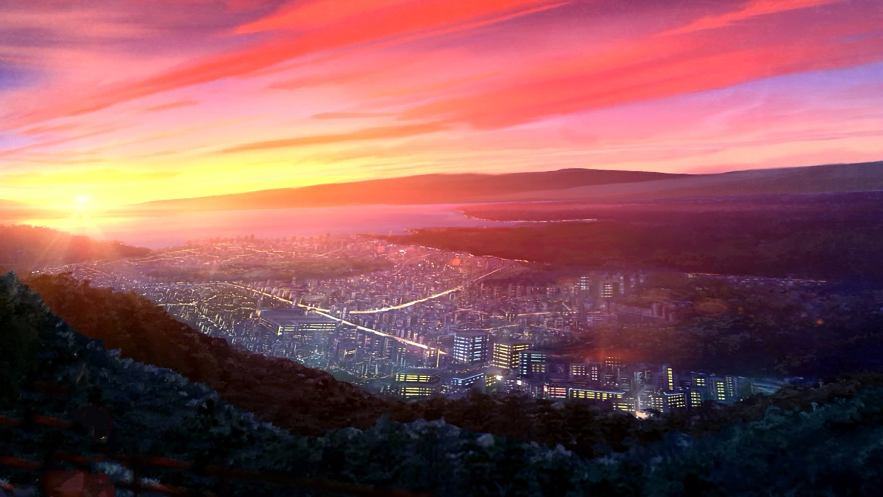 Download mobile wallpaper Anime, Sunset, Sky, City, Building, Mountain, Light, Hill, Cloud, Original for free.