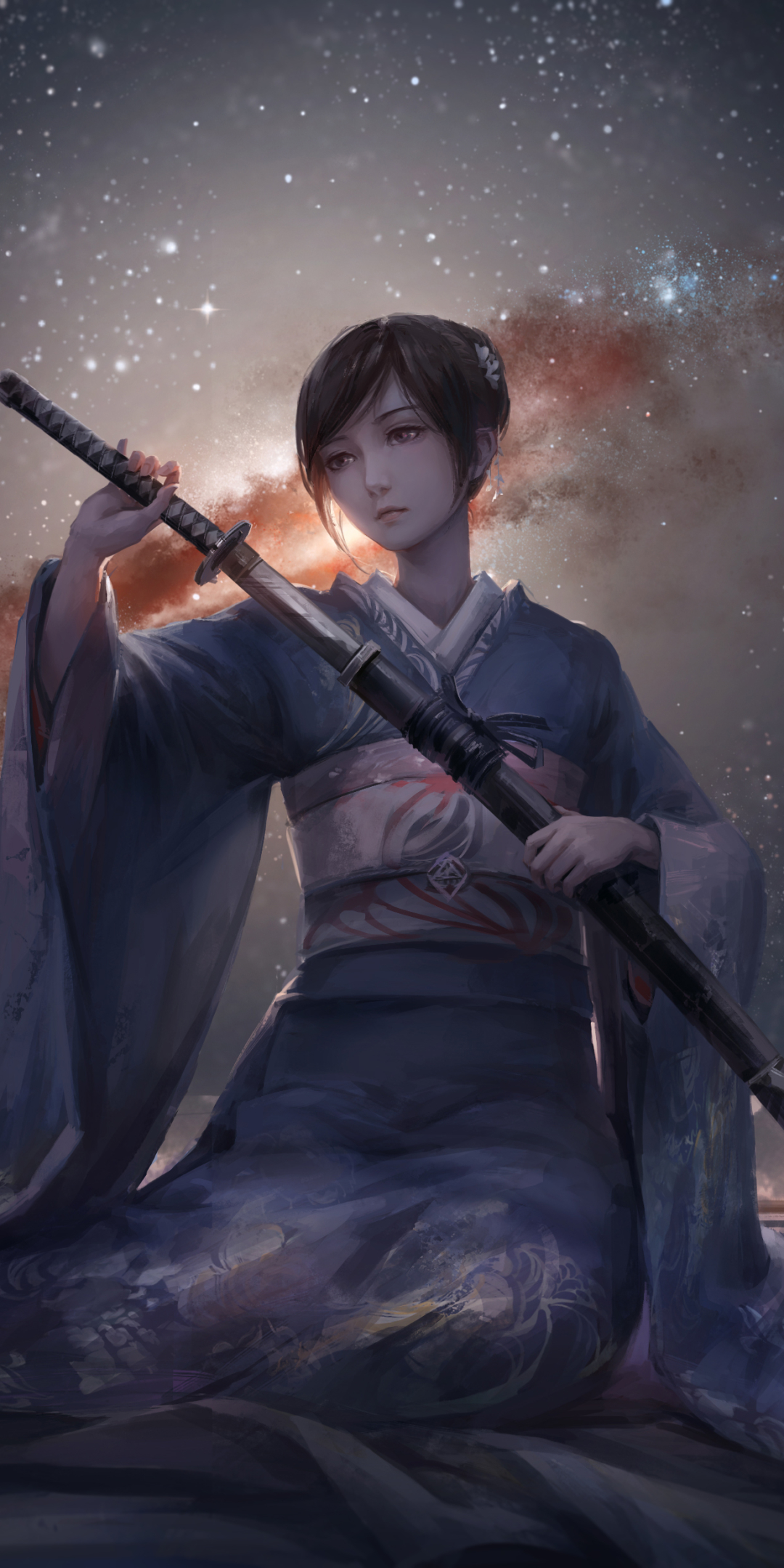 Download mobile wallpaper Fantasy, Stars, Kimono, Women, Sword, Asian, Woman Warrior for free.