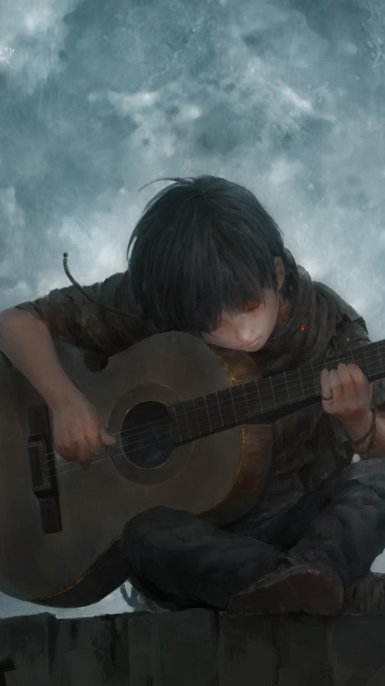 Download mobile wallpaper Moon, Guitar, Artistic, Child for free.