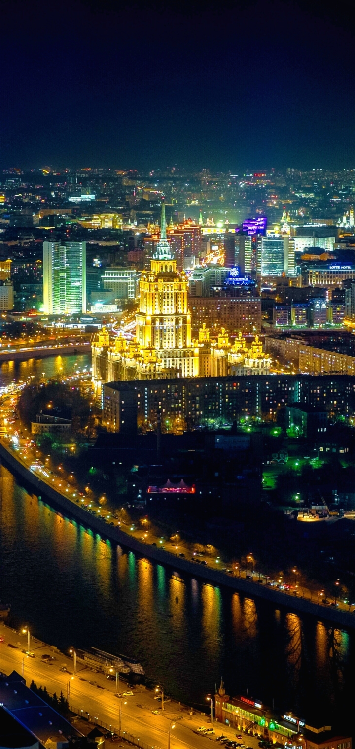 Download mobile wallpaper Cities, Night, City, Horizon, Light, Cityscape, Russia, River, Aerial, Moscow, Man Made for free.