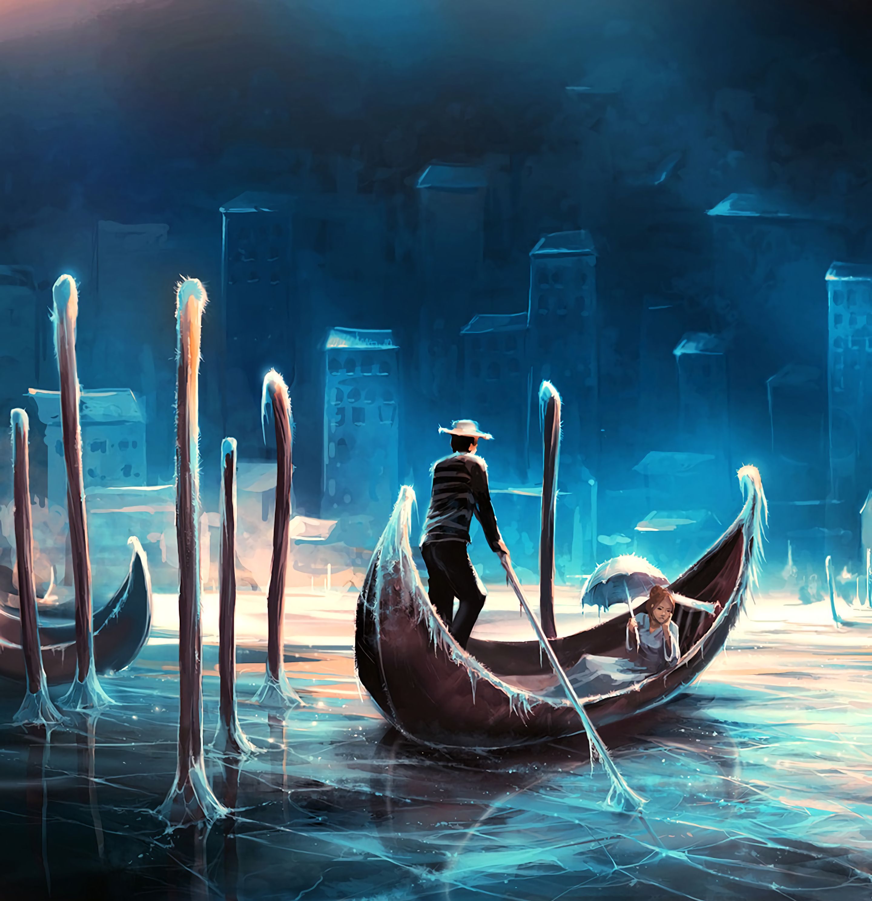 Download mobile wallpaper Gondola, Rivers, Ice, Night, Art for free.