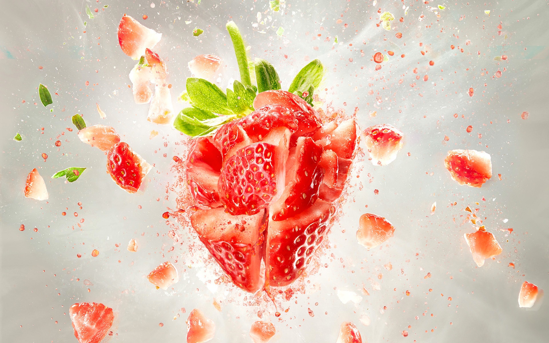 Laden Sie das Erdbeere, Frucht, Explosion, Nahrungsmittel, Früchte-Bild kostenlos auf Ihren PC-Desktop herunter