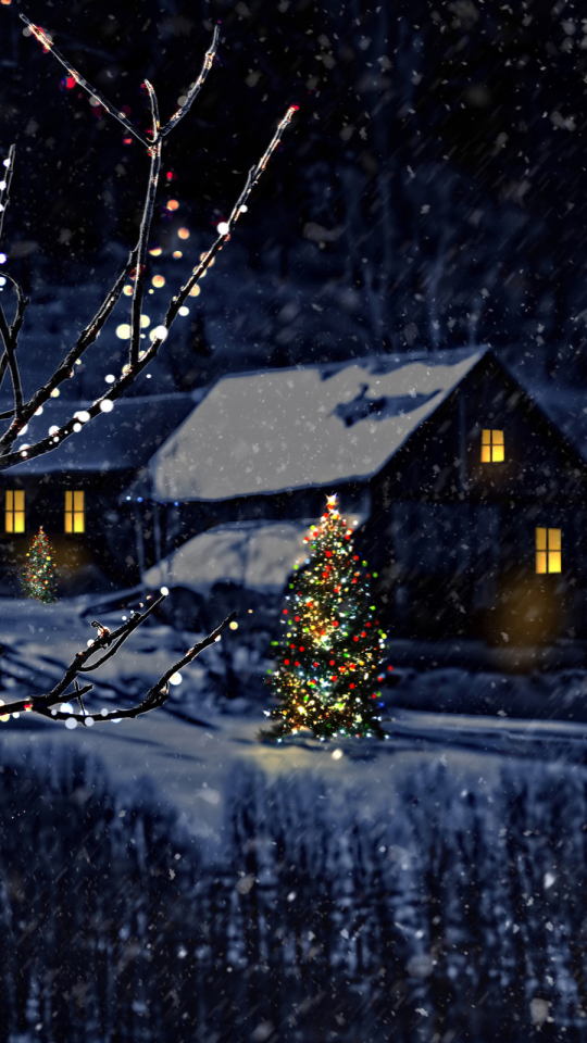 Téléchargez des papiers peints mobile Nuit, Noël, Lumière, Arbre, Vacances, Loger, Maison, Neiger, Vacance gratuitement.