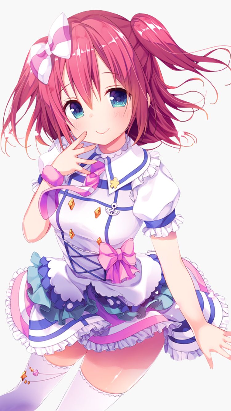 Download mobile wallpaper Anime, Smile, Blue Eyes, Pink Hair, Blush, Short Hair, Thigh Highs, Twintails, Bow (Clothing), Love Live!, Love Live! Sunshine!!, Ruby Kurosawa for free.