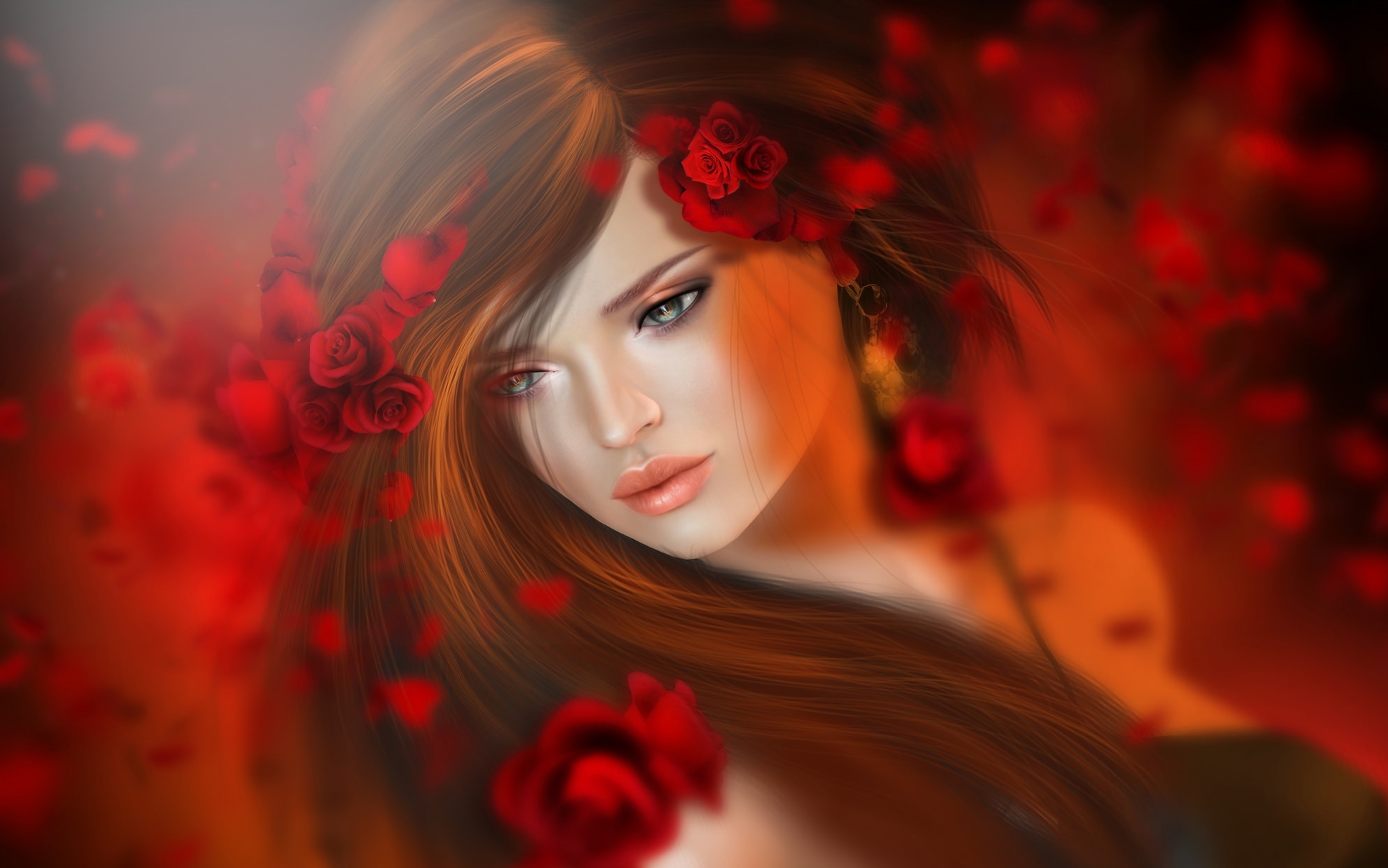Download mobile wallpaper Fantasy, Rose, Women, Blue Eyes, Red Flower, Brown Hair for free.