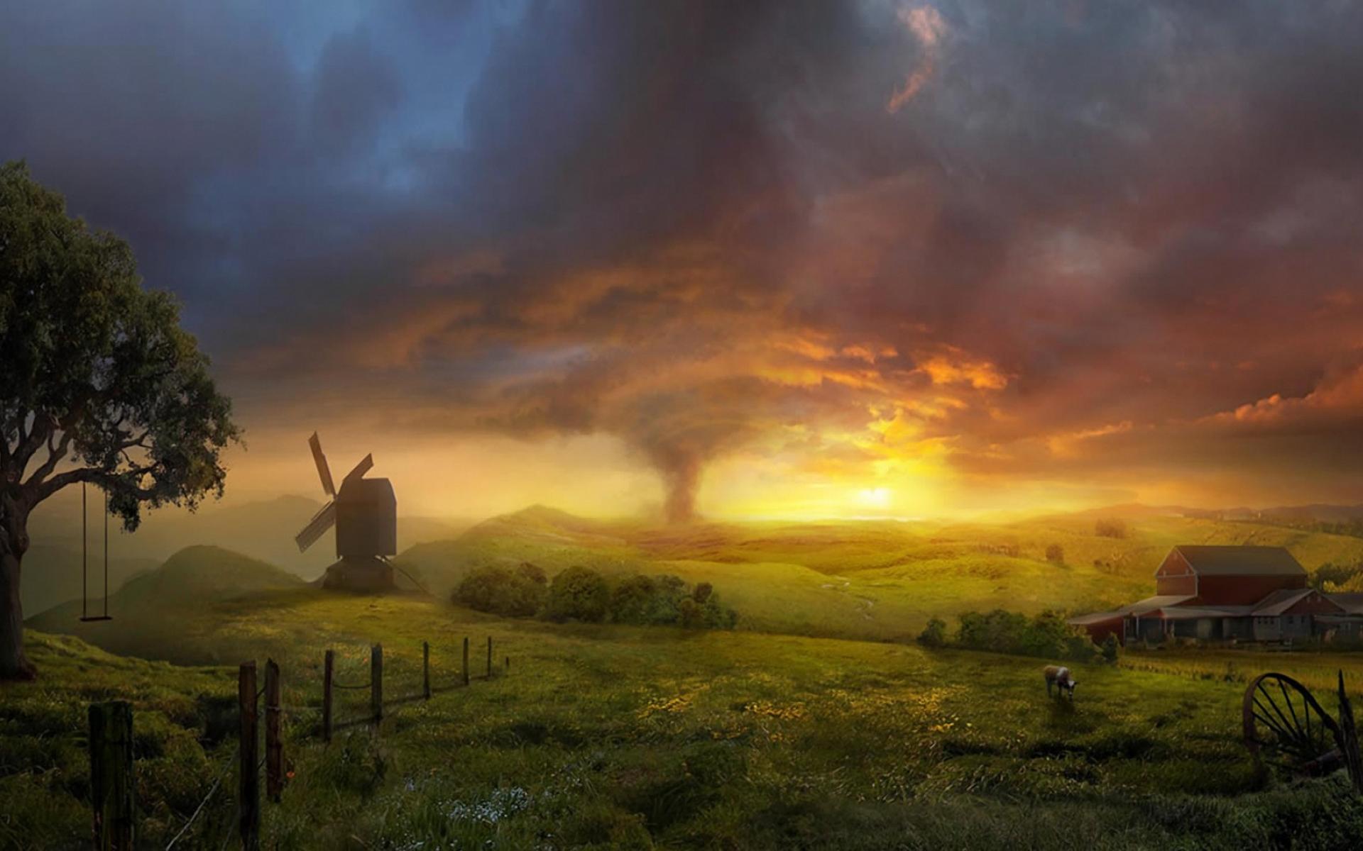 Laden Sie das Landschaft, Land, Malerei, Bauernhof, Tornado, Künstlerisch-Bild kostenlos auf Ihren PC-Desktop herunter