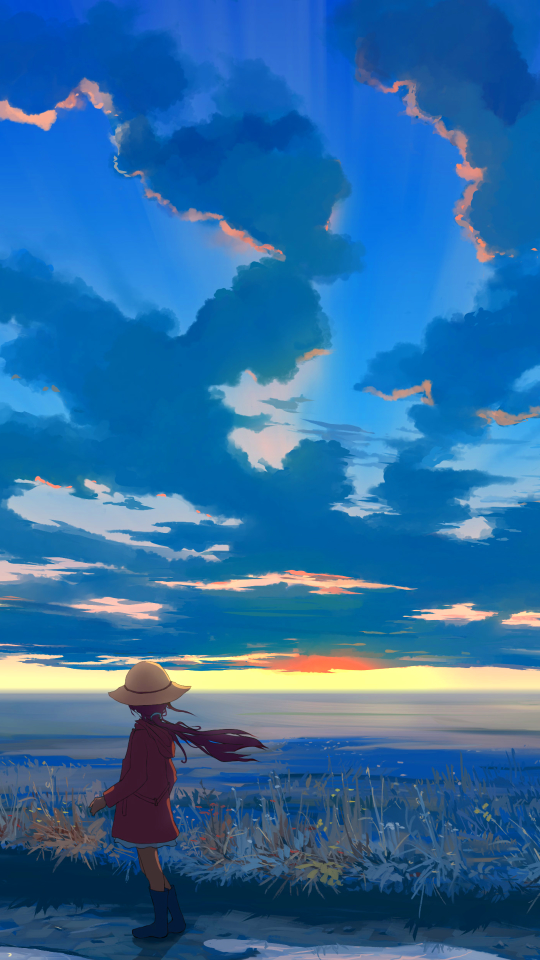 Download mobile wallpaper Anime, Nature, Sunset, Sky, Horizon, Cloud, Child, Hat, Original for free.