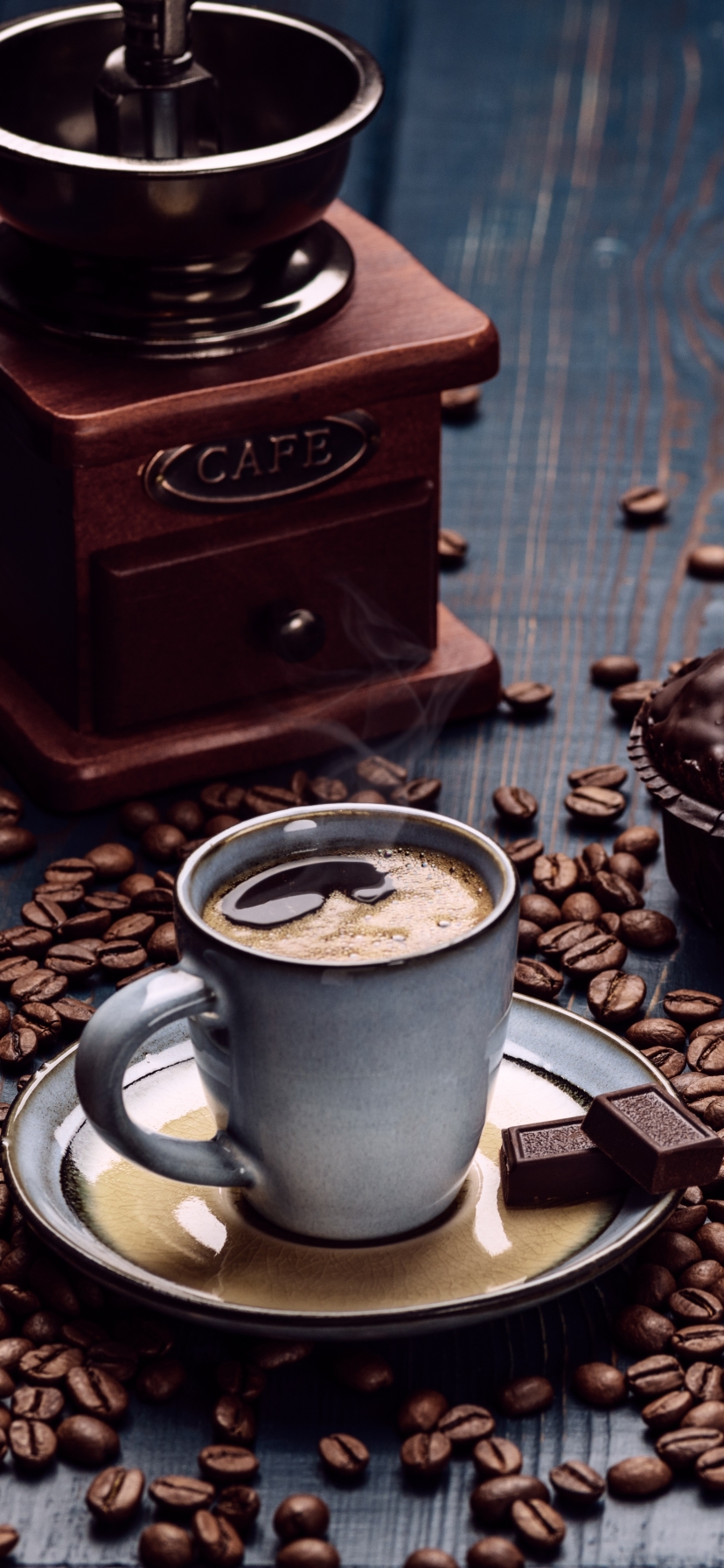Download mobile wallpaper Food, Chocolate, Coffee, Still Life, Cup, Drink, Coffee Beans, Cupcake for free.