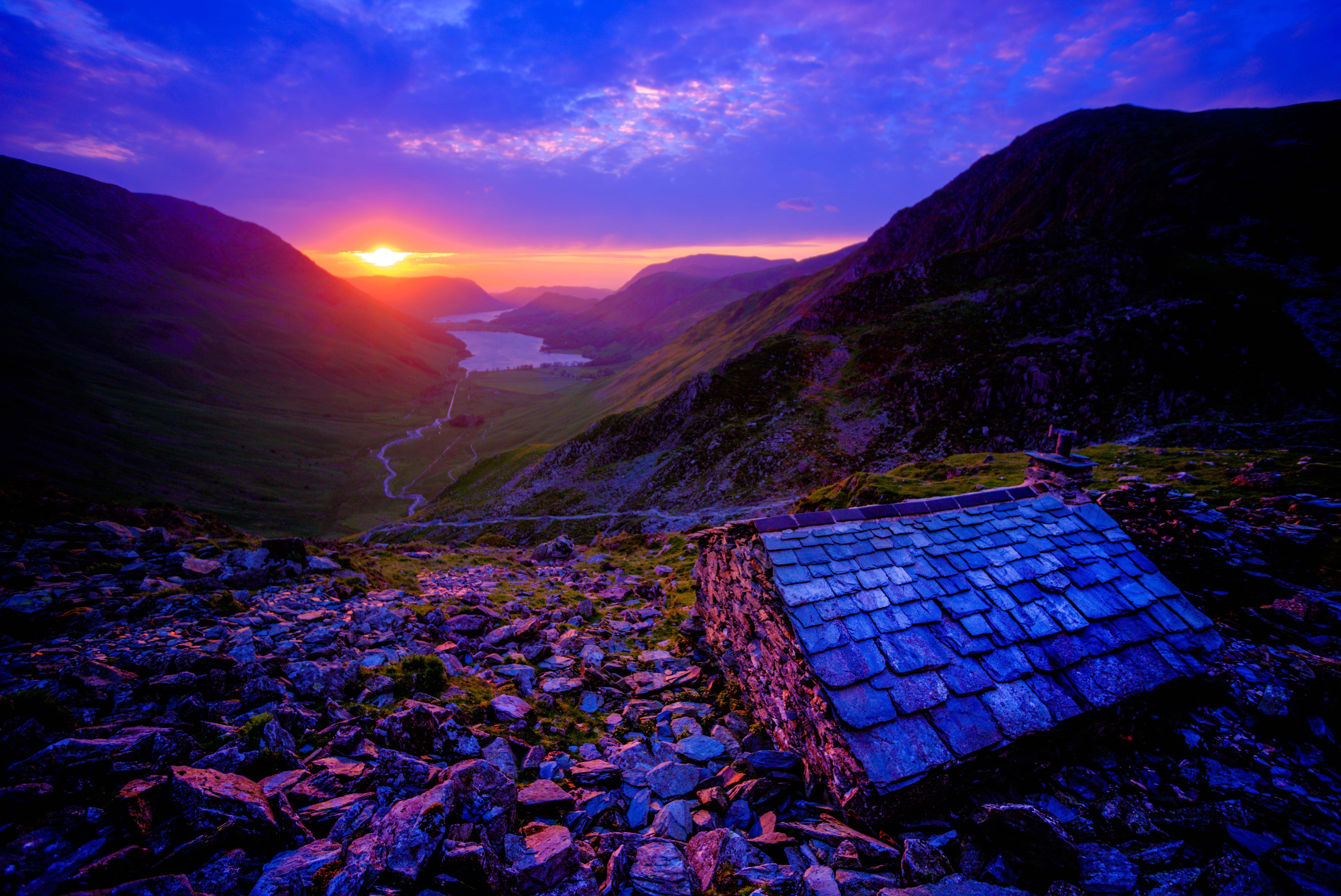 purple, photography, sunset, cloud, cottage, lake, mountain, valley